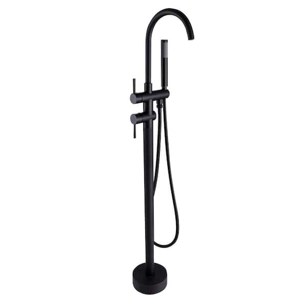 2-Handle Free Standing Floor Mount Bathroom Tub Faucets with Handheld Shower in Matte Black