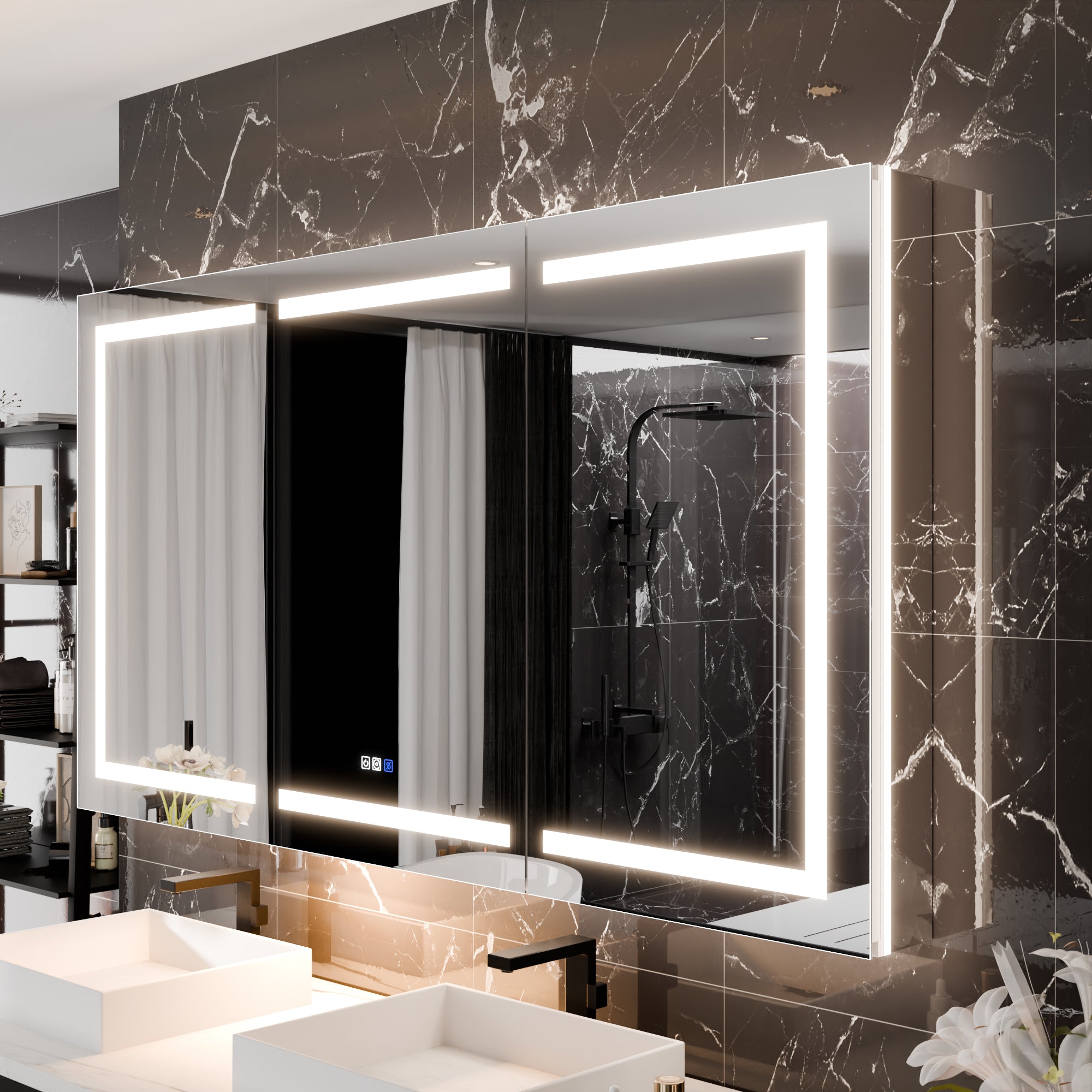 WELLFOR 66 in. x 36 in. Recessed/Surface Mount Right Medicine Cabinet with 5X Magnifier Mirror and Night Light