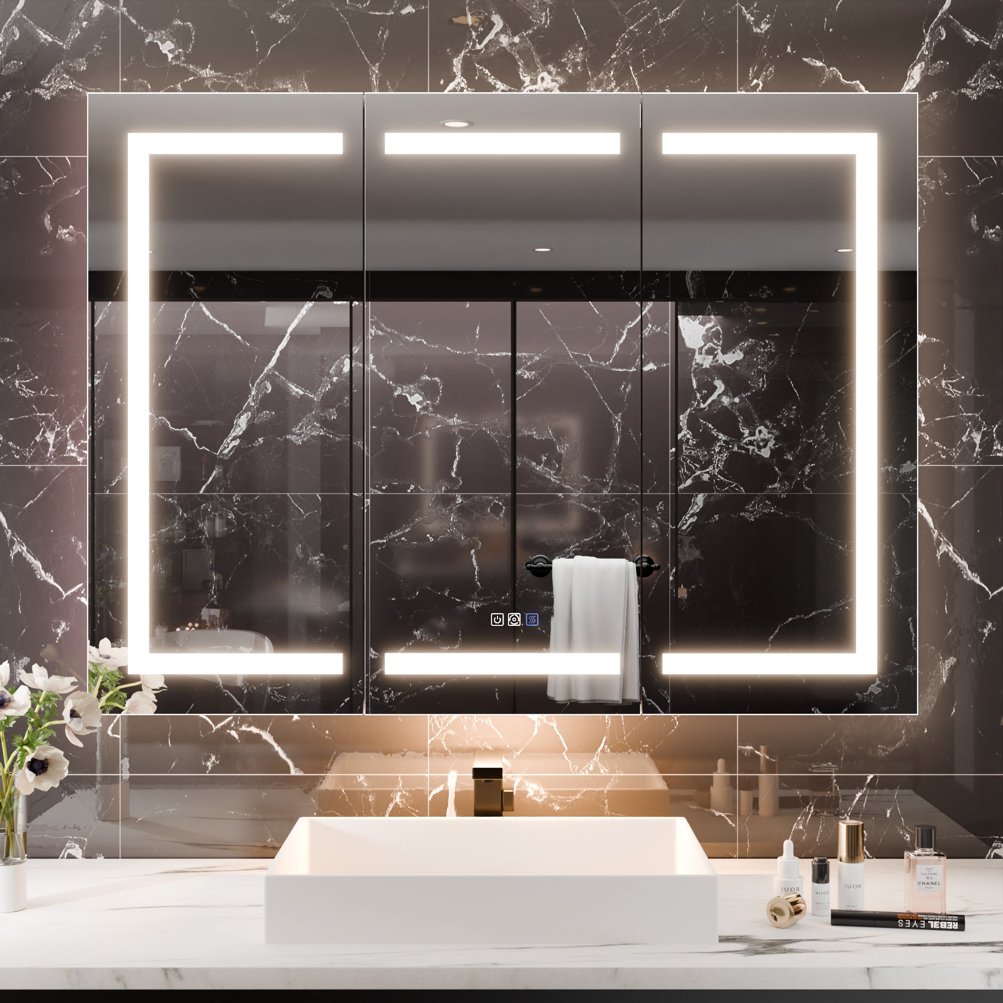 WELLFOR 48 in. x 36 in. Recessed/Surface Mount Right Medicine Cabinet with 5X Magnifier Mirror and Night Light