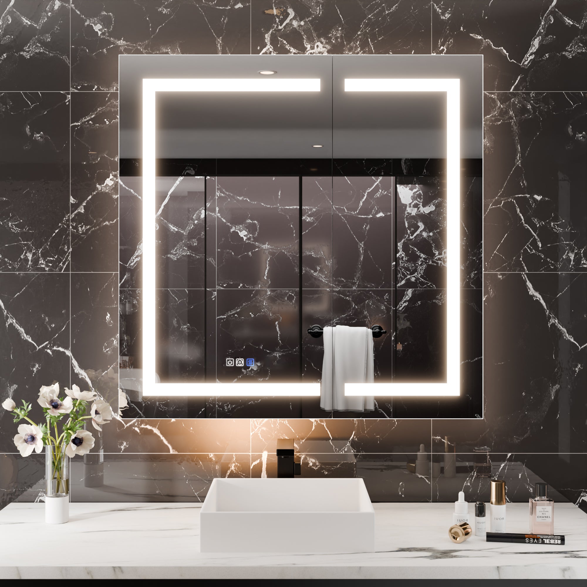 WELLFOR 36 in. x 36 in. Recessed/Surface Mount Right Medicine Cabinet with 5X Magnifier Mirror and Night Light