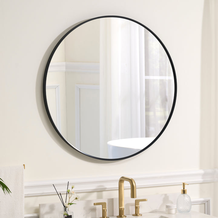 32 in. W x 32 in. H Black Modern Round Framed Aluminum Wall Mirror