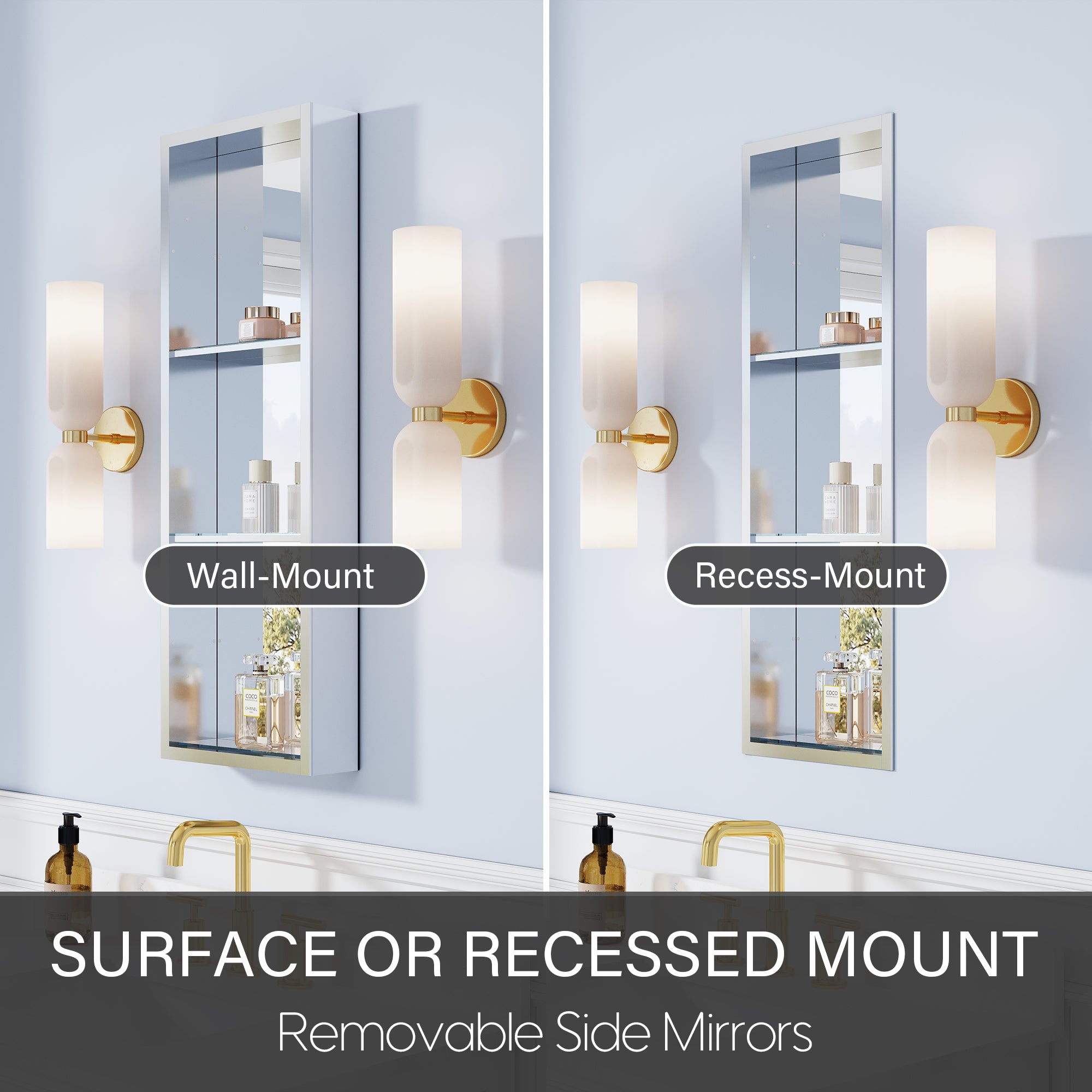 12 in.×36 in. Recessed/Surface Mount Aluminum Medicine Cabinet with Open Shelves and 3 PCS Tempered Glass