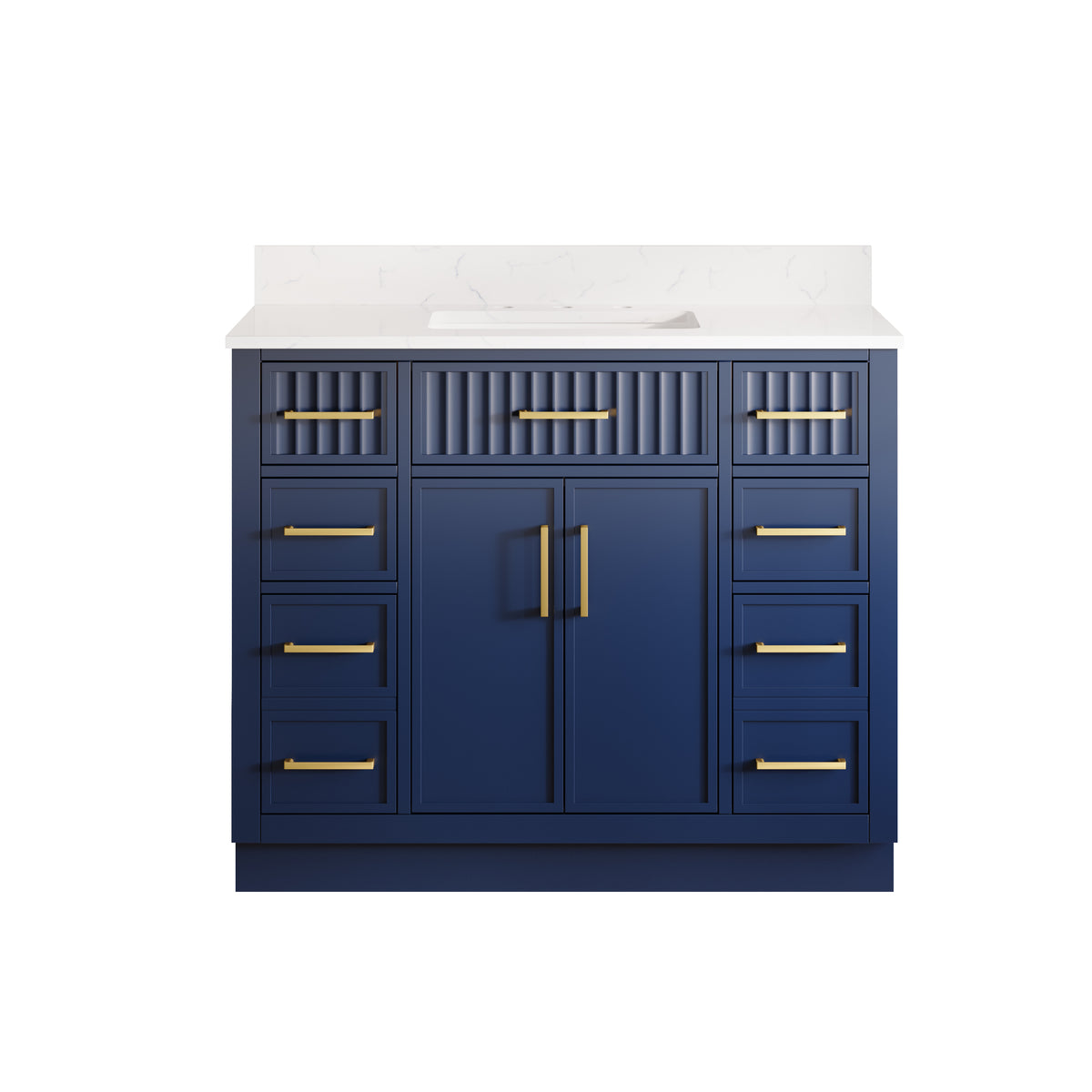 42 Inch Solid Wood and Plywood Bathroom Vanity with Carrara White Quartz Top, 2 Soft-Close Doors & 7 Drawers, Navy Blue