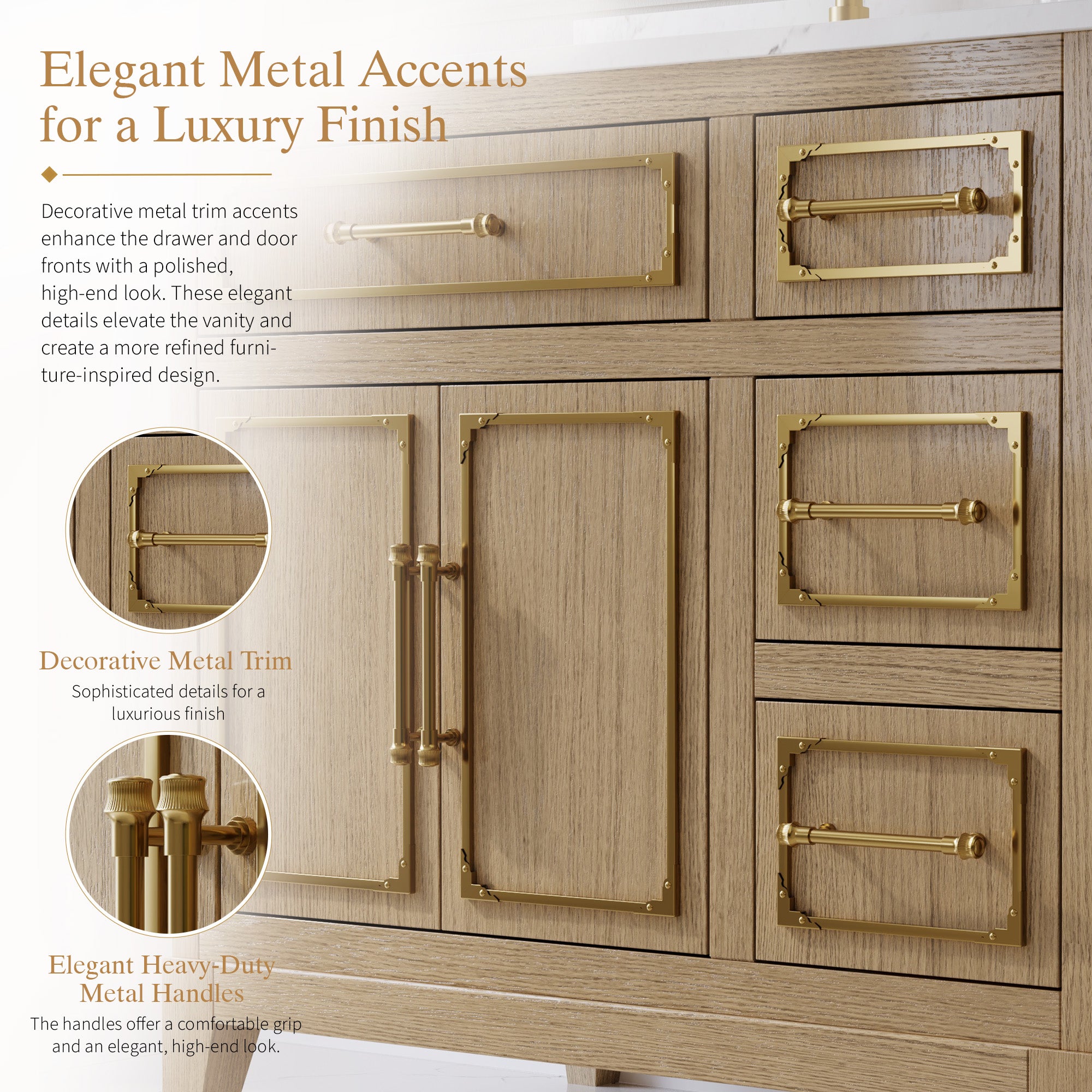 36 Inch Luxury Solid Oak Bathroom Vanity with Calacatta Quartz Countertop & Sink, 3 Soft-Close Drawers and 1 Flip Drawer