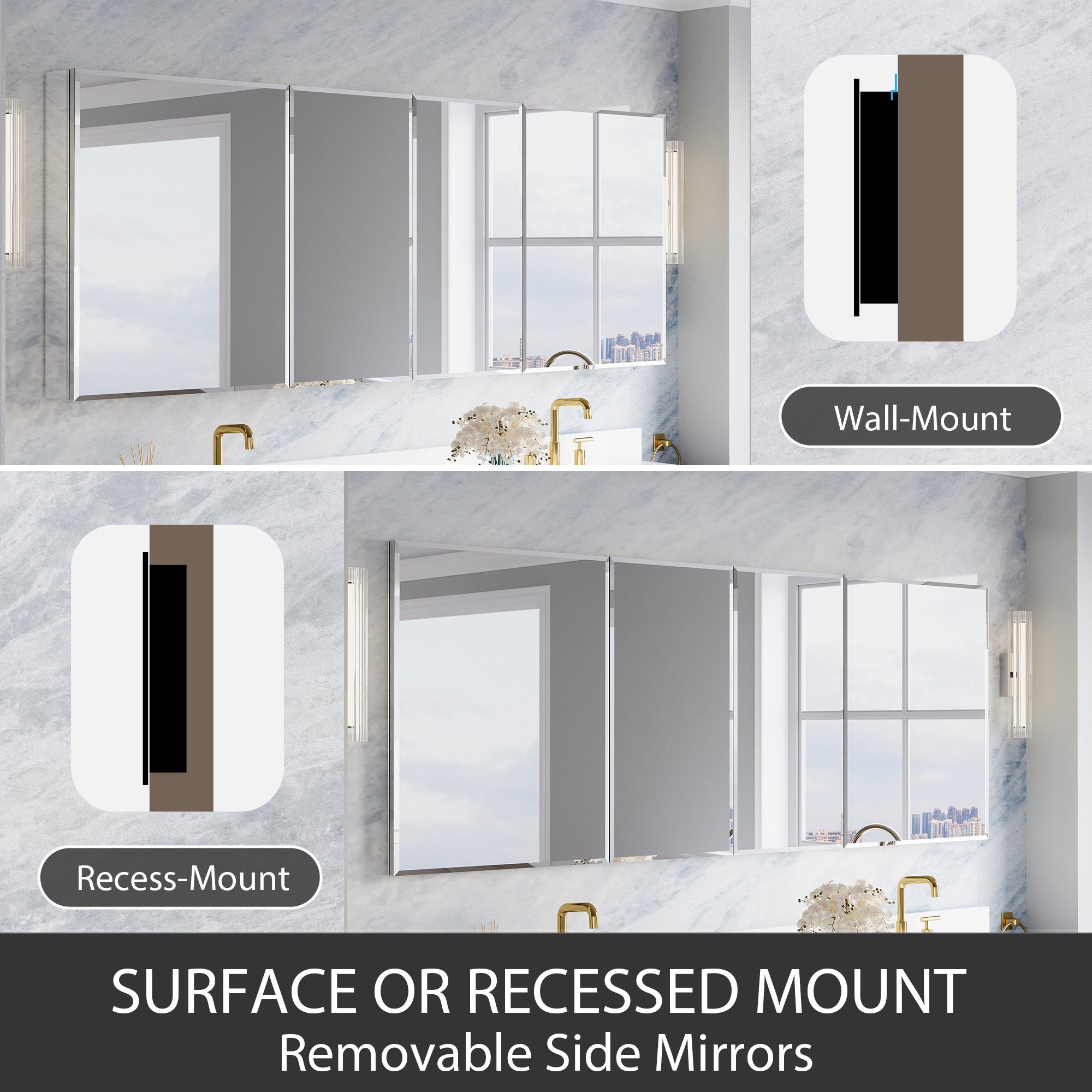 80 in.×30 in.H Copper-Free Mirror Medicine Cabinet with Beveled Mirror Door, Soft-Close Blum® Hinges, 12 Adjustable Shelves