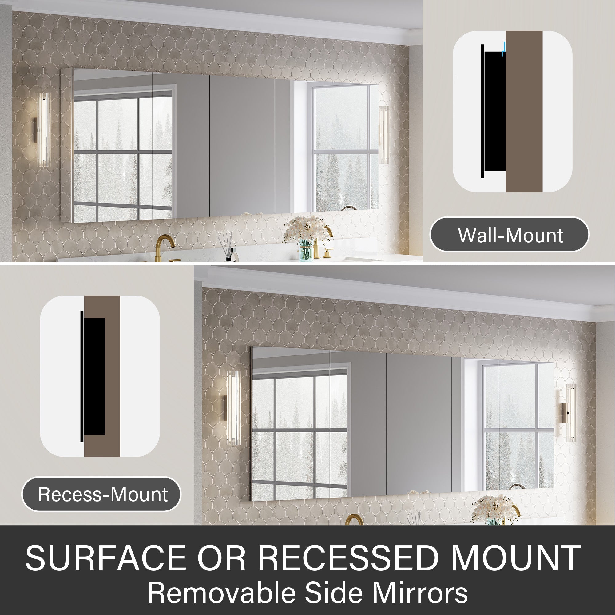 92 in.×32 in.H Copper-Free Mirror Medicine Cabinet with Soft-Close Blum® Hinges and 5 Doors