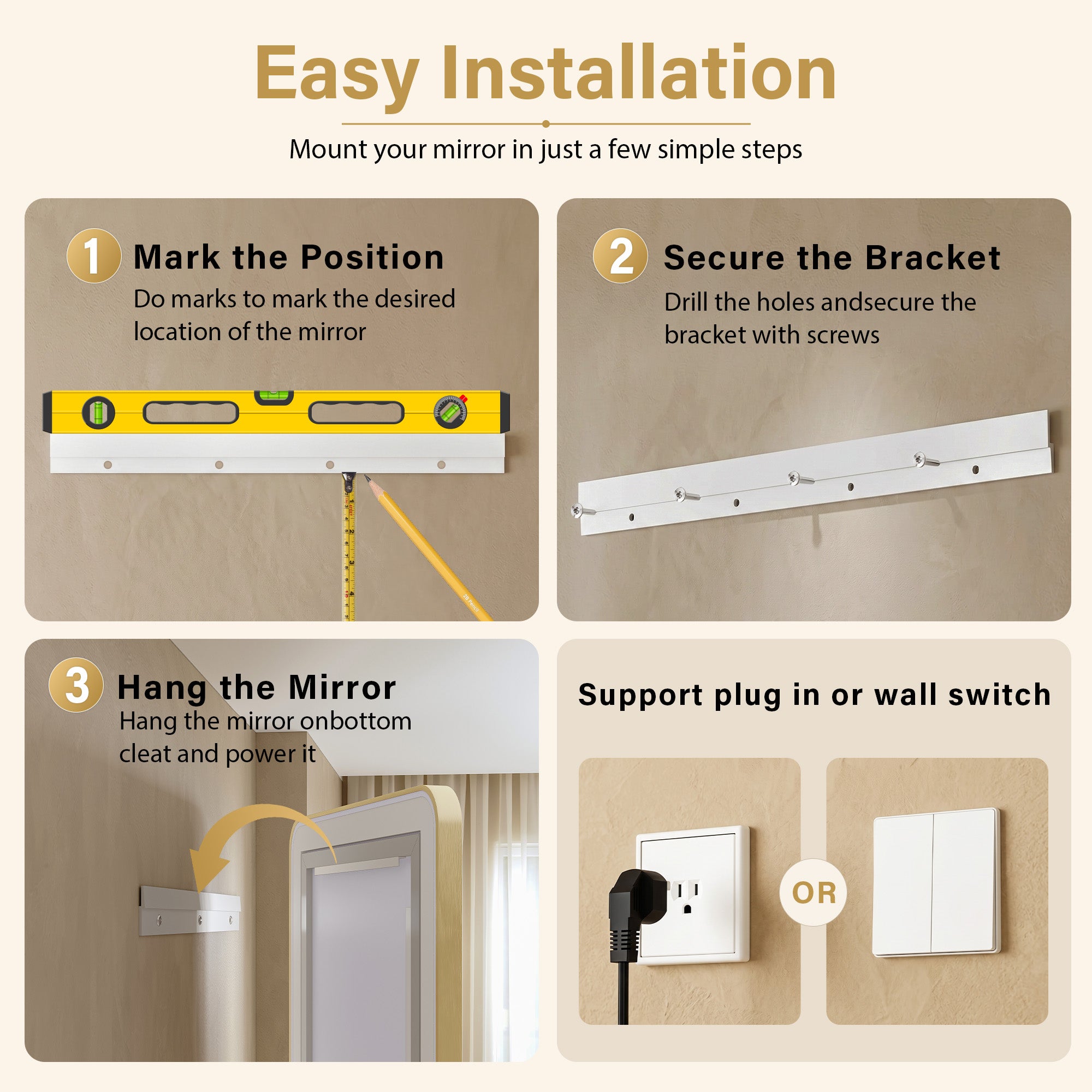 24 in. x 32 in. Framed LED Bathroom Mirror in Brushed Gold with Rounded Corners, Dimmable Lighted, Anti-Fog