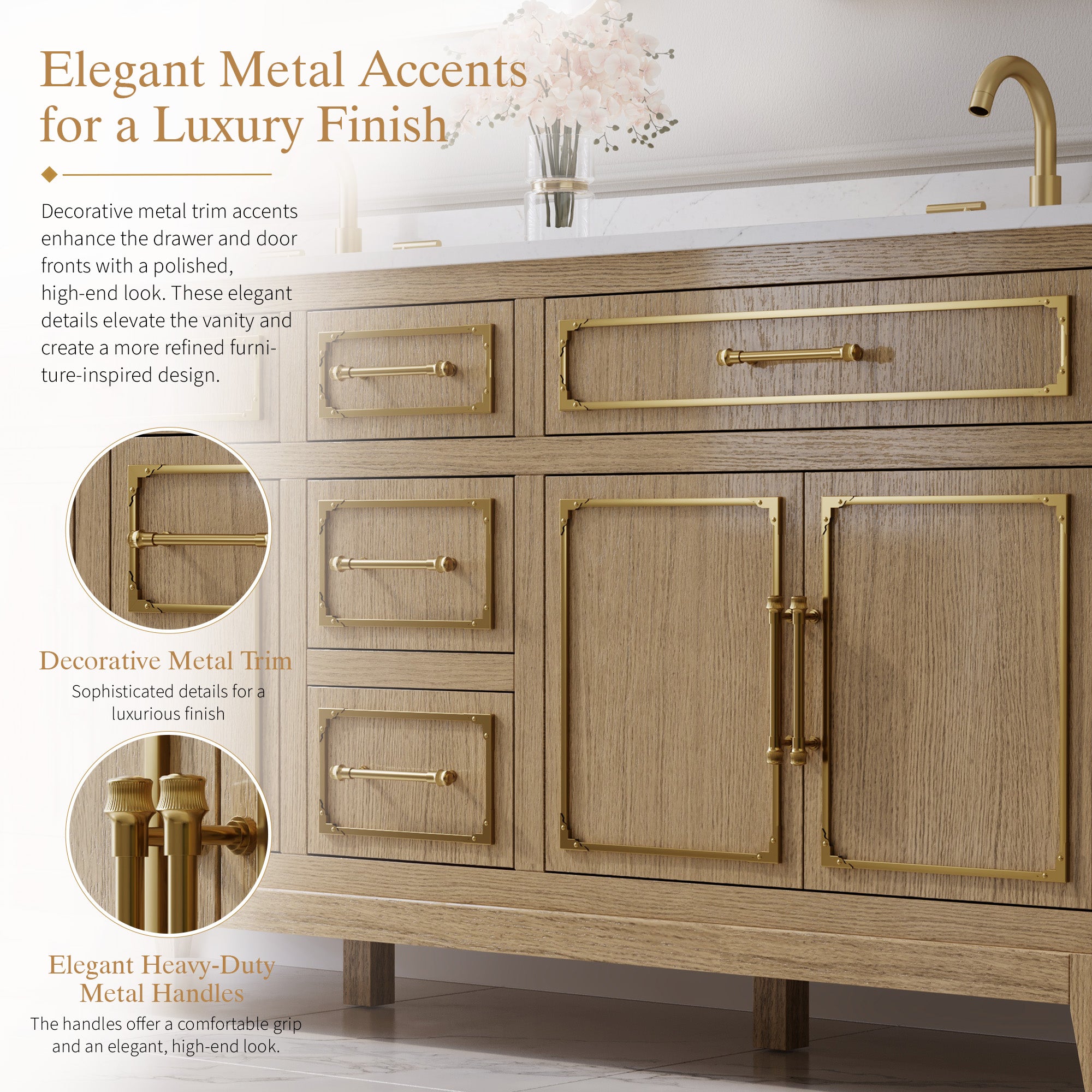 72 Inch Luxury Solid Oak Bathroom Vanity with Calacatta Quartz Countertop & Sinks, 3 Soft-Close Drawers and 2 Flip Drawers