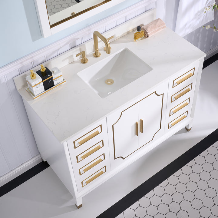 48 in. Freestanding Bathroom Vanity in White with Carrara White Quartz Vanity Top