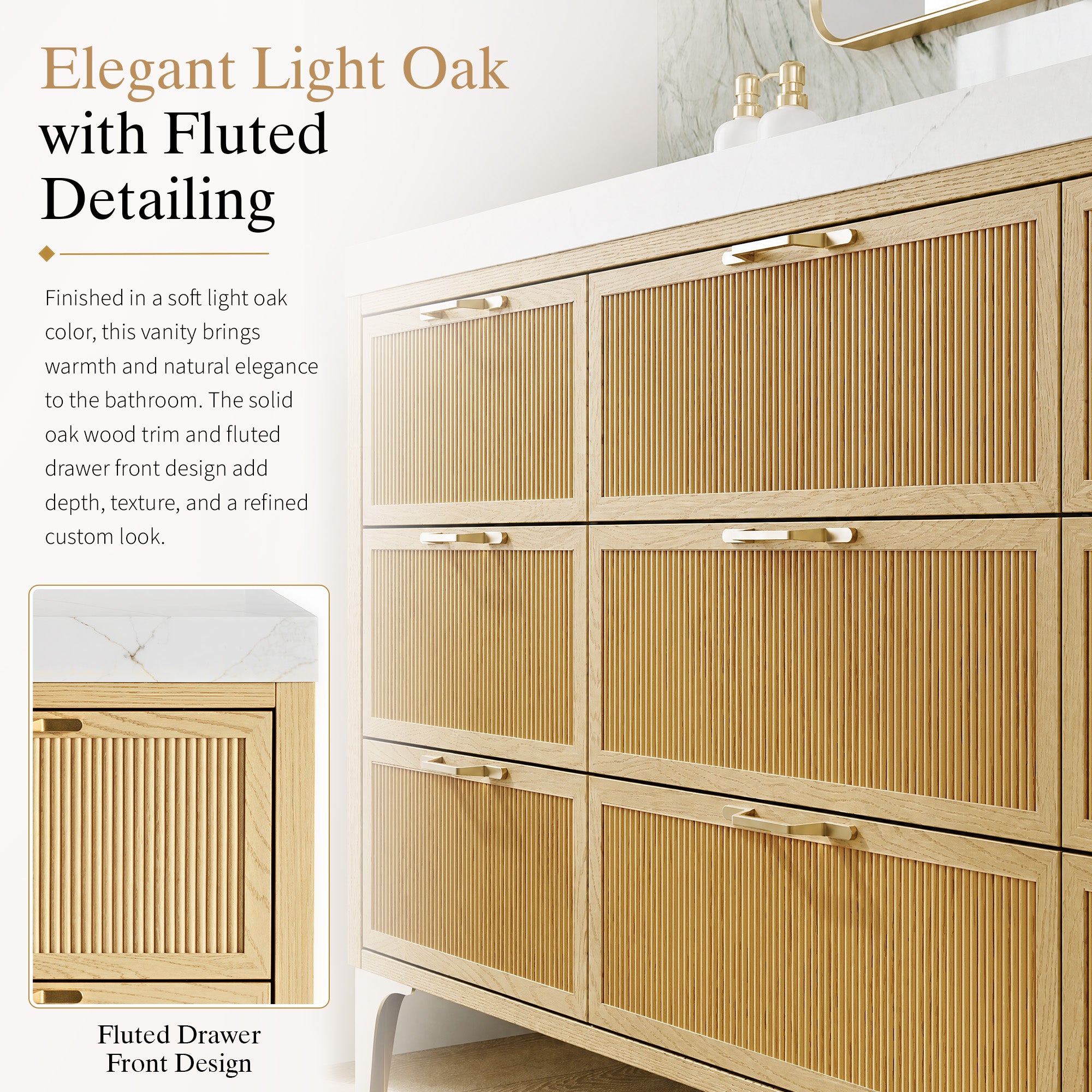 60 Inch Modern Solid Oak Bathroom Vanity with Calacatta Quartz Countertop, 9 Fluted Drawers & Brushed Gold Legs