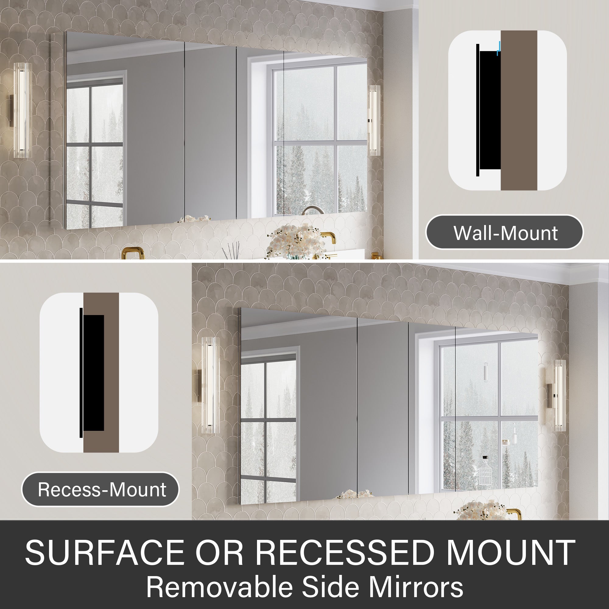 72 in.×32 in.H Copper-Free Mirror Medicine Cabinet with Soft-Close Blum® Hinges and Recessed/Surface Mount