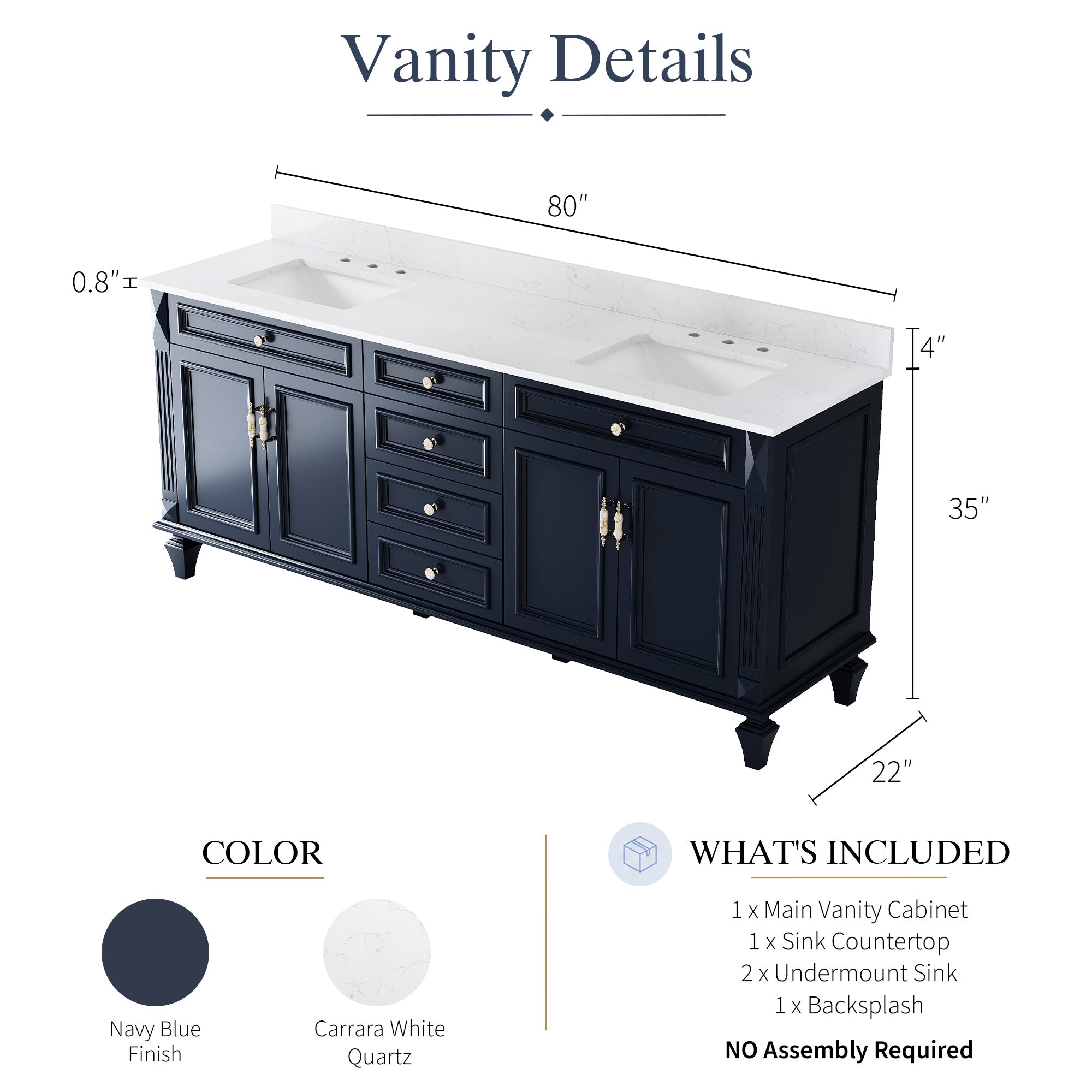 80 in. Freestanding Solid Wood Bathroom Vanity with Carrara White Quartz Countertop, Navy Blue
