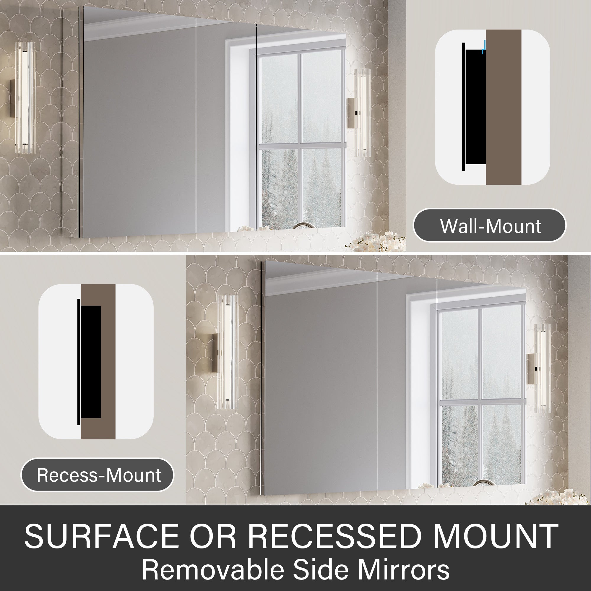 52 in.×32 in.H Copper-Free Mirror Medicine Cabinet with Soft-Close Blum® Hinges and 3 Doors