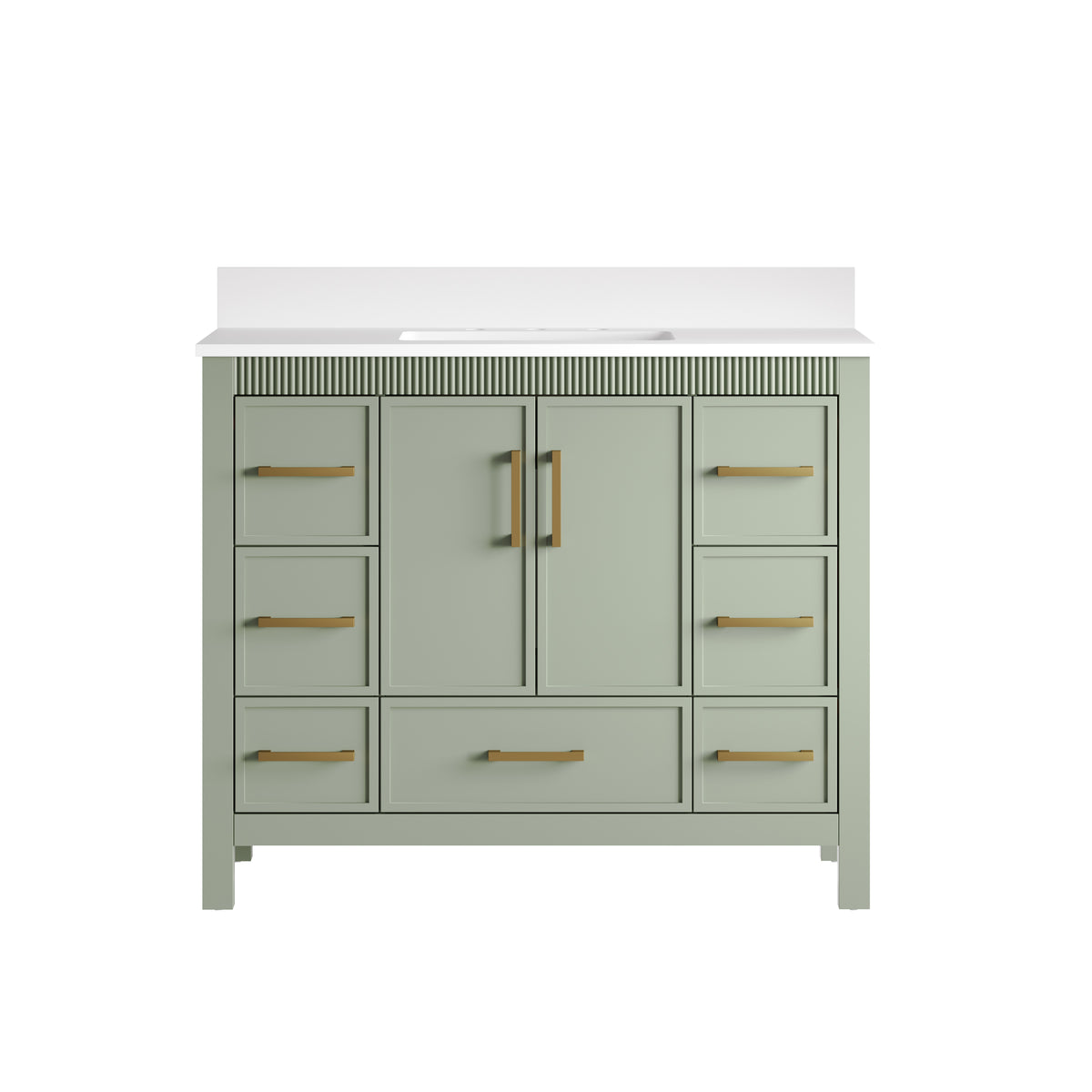 42 Inch Freestanding Solid Wood Bathroom Vanity with Fluted Molding, Pure White Quartz Countertop, SAGE GREEN