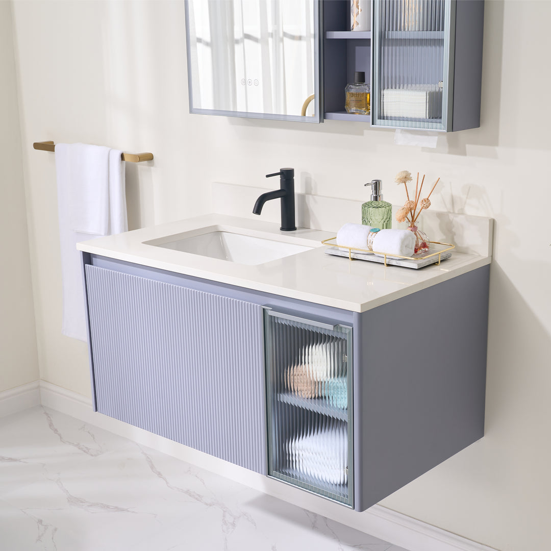 40 in. Modern Style Floating Bathroom Vanity in Lavender with White Quartz Vanity Top with White Sink