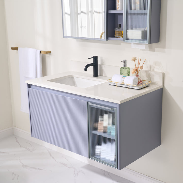40 in. Modern Style Floating Bathroom Vanity in Lavender with White Quartz Vanity Top with White Sink