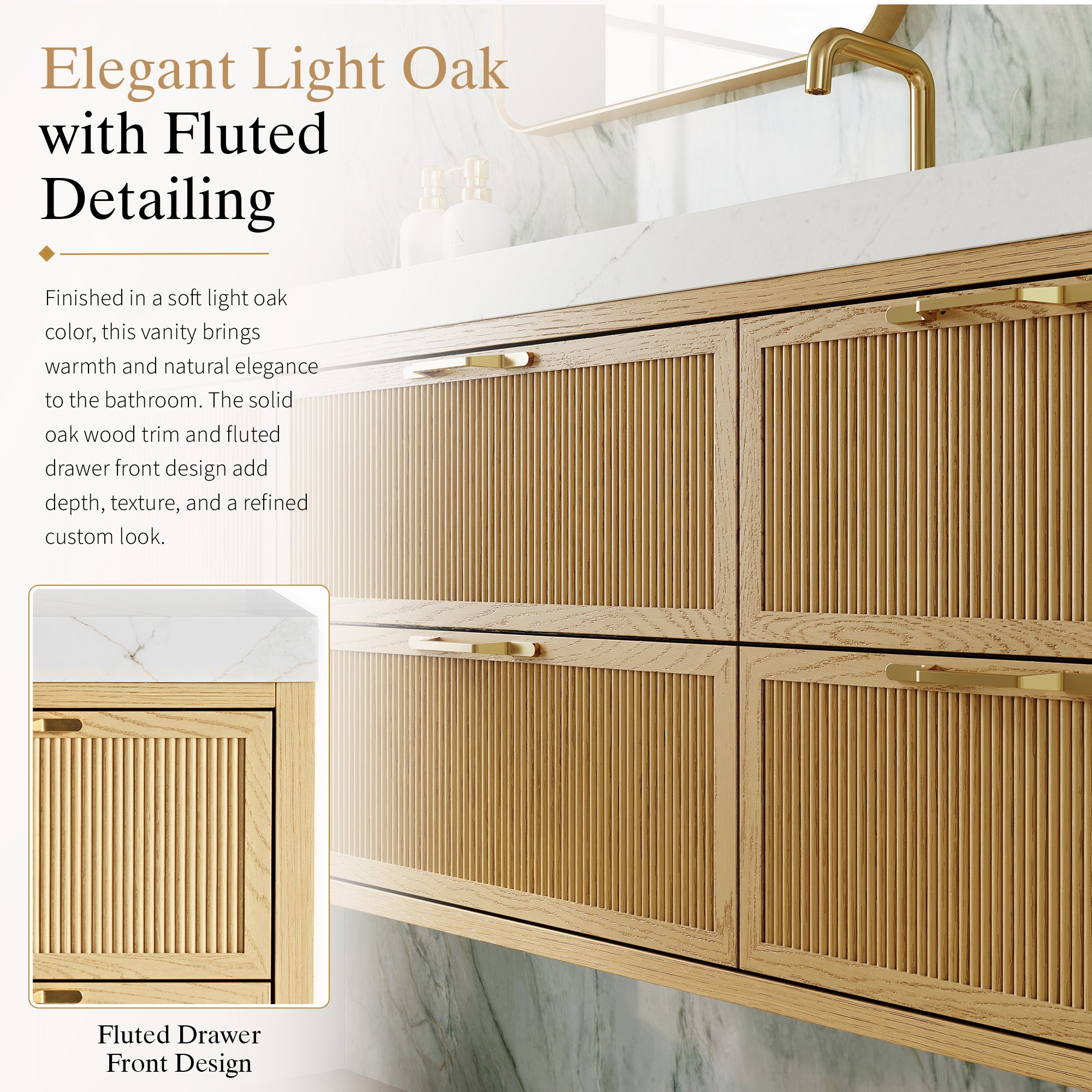 60-Inch Solid Oak Floating Bathroom Vanity with Calacatta Quartz Countertop, 6 Soft-Close Fluted Drawers