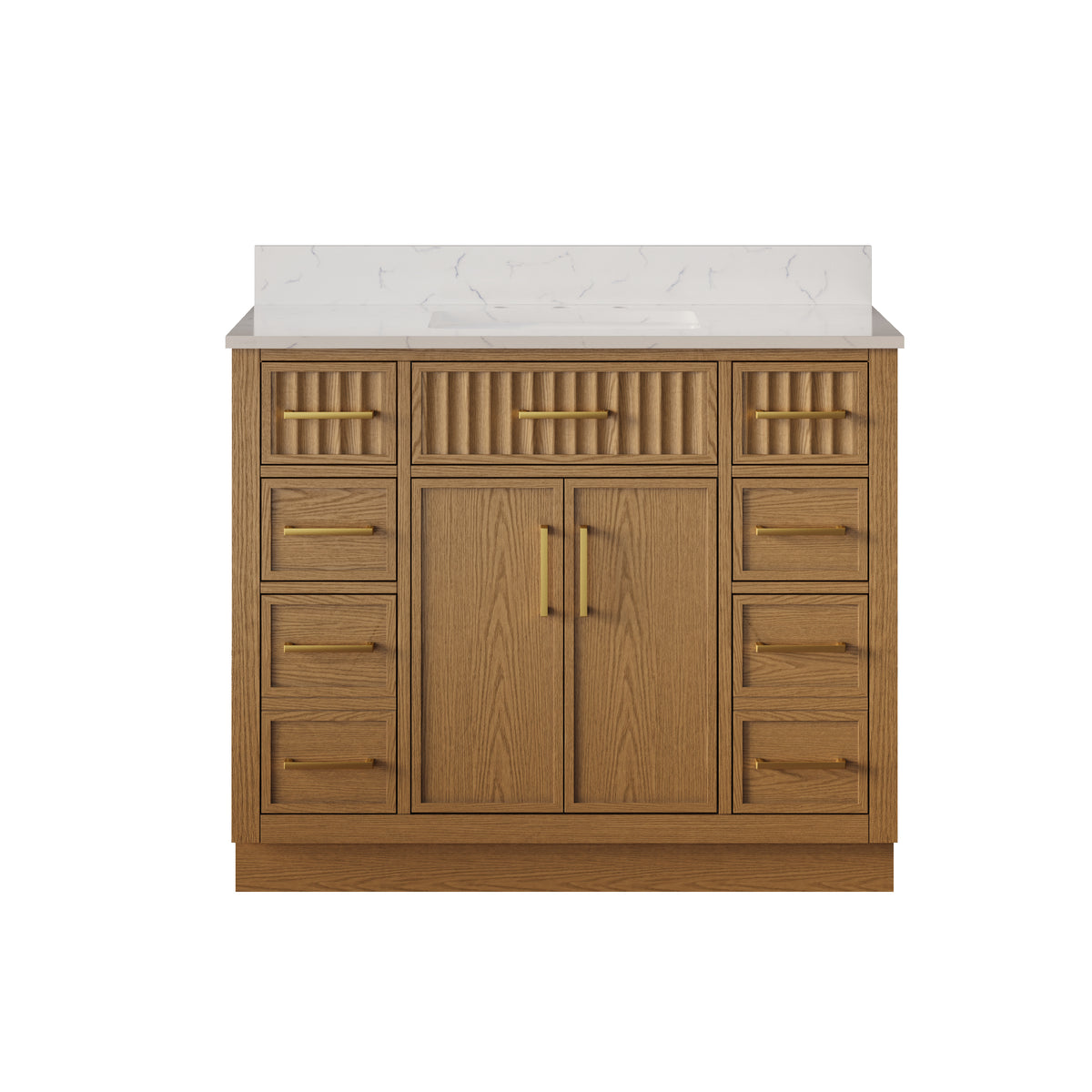 42 Inch Solid Wood and Plywood Bathroom Vanity with Carrara White Quartz Top, 2 Soft-Close Doors & 7 Drawers, Walnut
