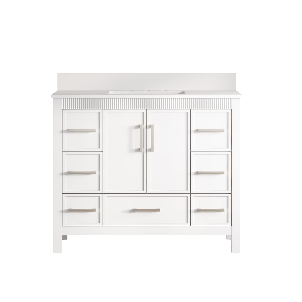 42 Inch Freestanding Solid Wood Bathroom Vanity with Fluted Molding, Pure White Quartz Countertop, White