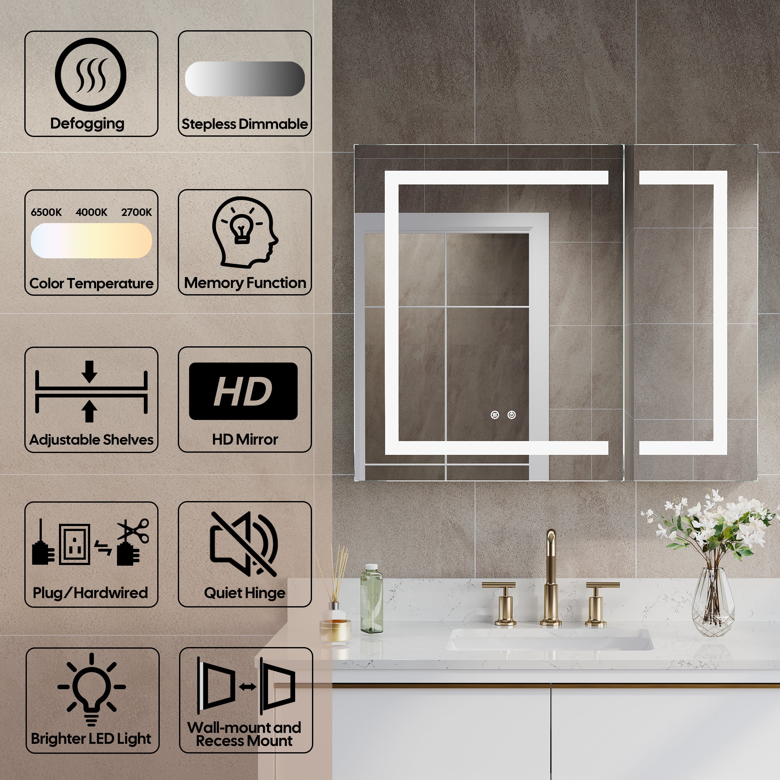 36 in. x 30 in. LED Lighted Surface/Recessed Mount Aluminum Mirror Medicine Cabinet Anti-Fog Dimmable with Outlet