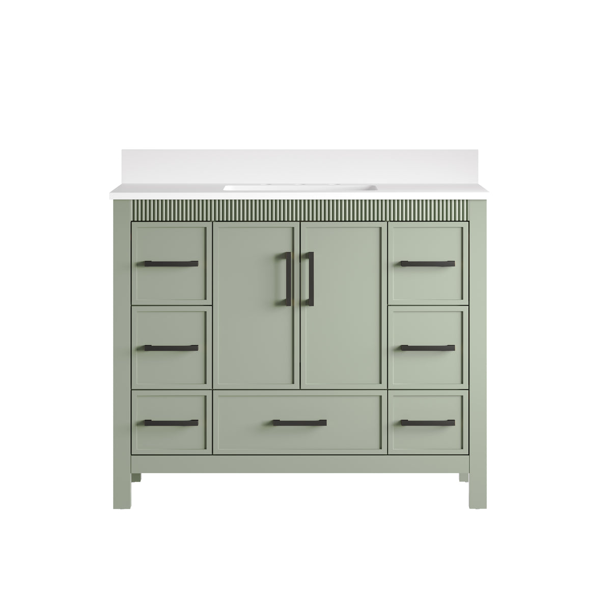 42 Inch Freestanding Solid Wood Bathroom Vanity with Fluted Molding, Pure White Quartz Countertop, SAGE GREEN