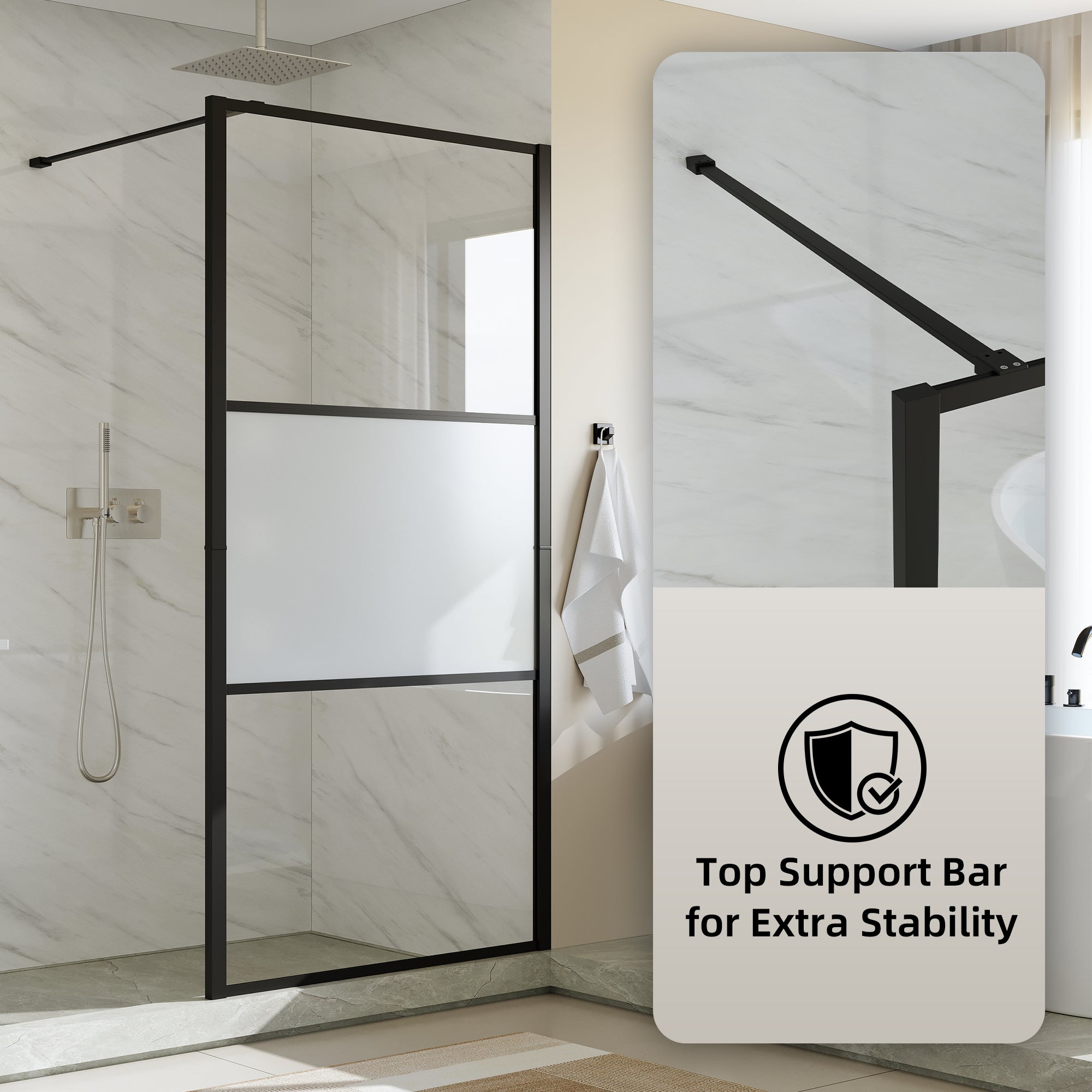 33 5/8-34” x 72” Frosted Tempered Glass Shower Door Panel, Fixed Walk-In Shower Screen with Matte Black Frame
