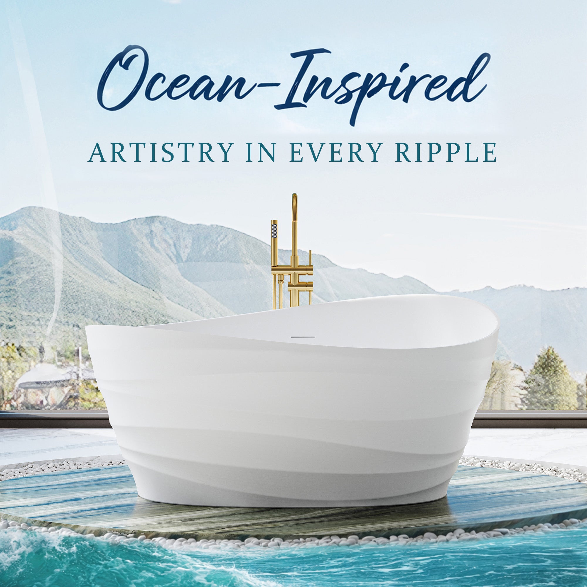 62" Freestanding Bathtub with Unique Ripple Texture, Modern Solid surface Soaking Tub with Overflow & Drain, Matte White