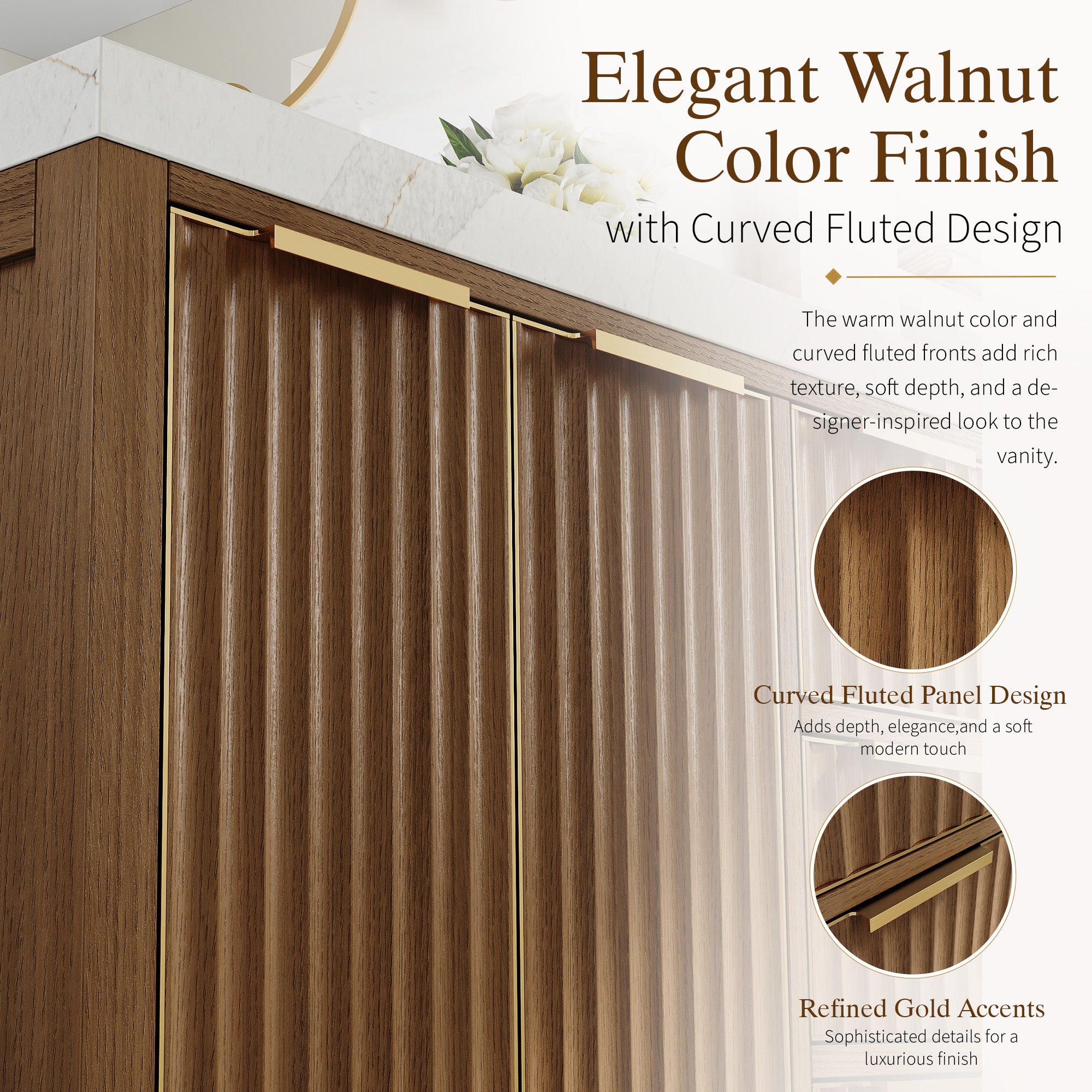 36 Inch Luxury Solid Oak Bathroom Vanity with Calacatta Quartz Countertop & 3 Dovetail Drawers and 2 Soft-close Doors