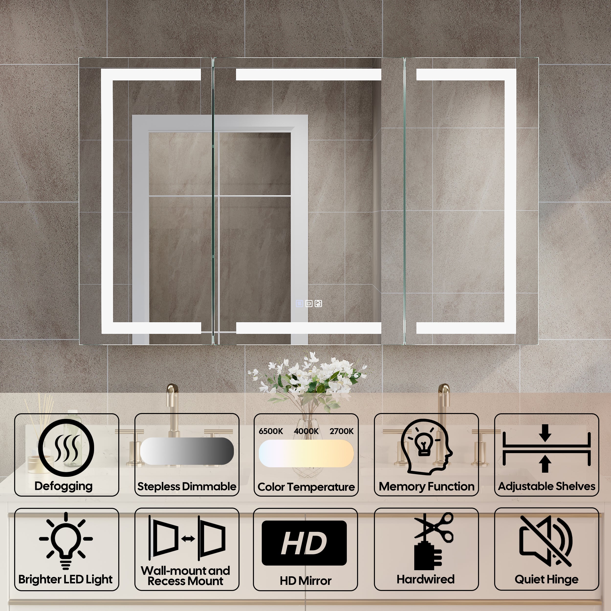 48 in. x 30 in. LED Lighted Surface/Recessed Mount Aluminum Mirror Medicine Cabinet Anti-Fog Dimmable with Outlet