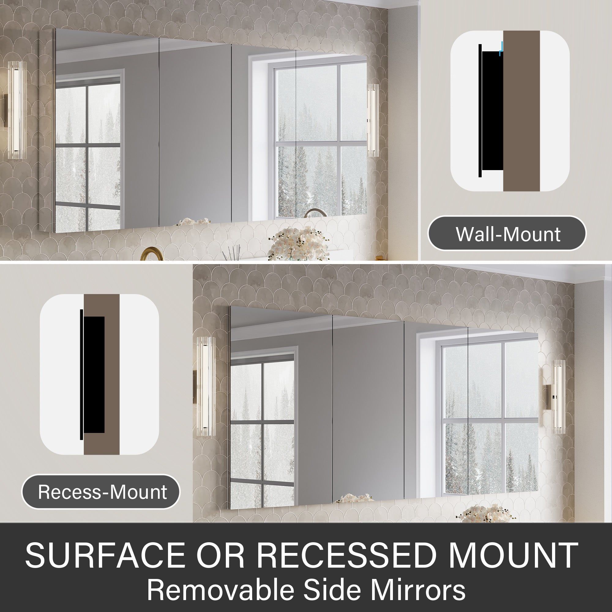 72 in.×32 in.H Copper-Free Mirror Medicine Cabinet with Soft-Close Blum® Hinges and 4 Doors