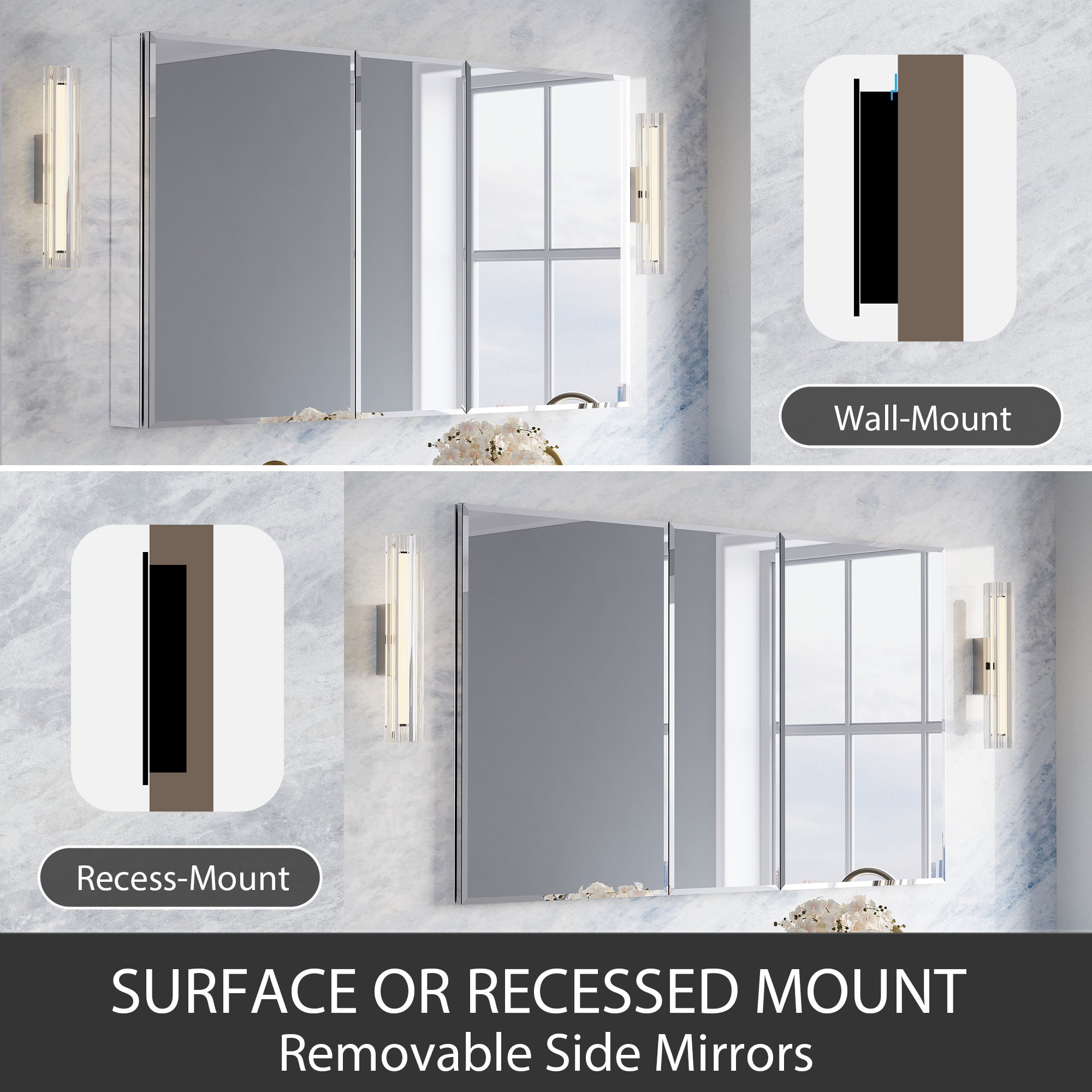 52 in.×30 in.H Copper-Free Mirror Medicine Cabinet with Beveled Mirror Door, Recessed or Surface Mount, Adjustable Shelves