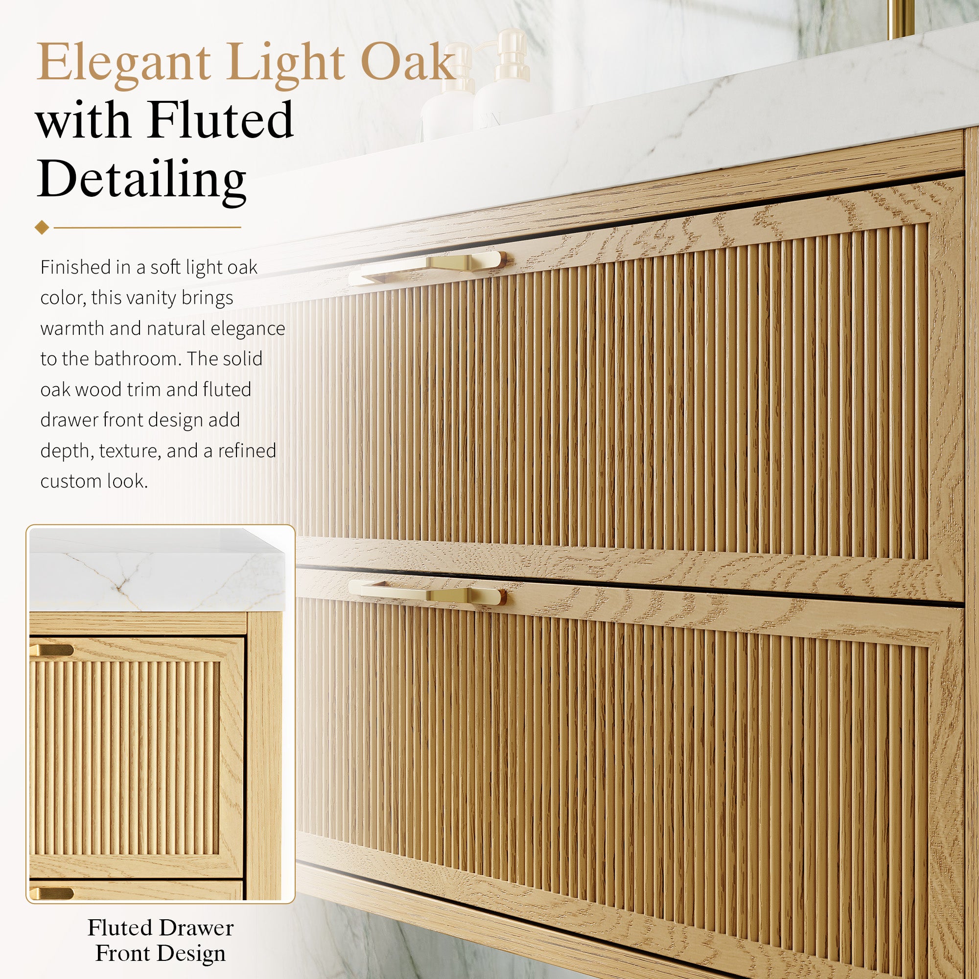 36-Inch Solid Oak Floating Bathroom Vanity with Calacatta Quartz Countertop, 2 Soft-Close Fluted Drawers