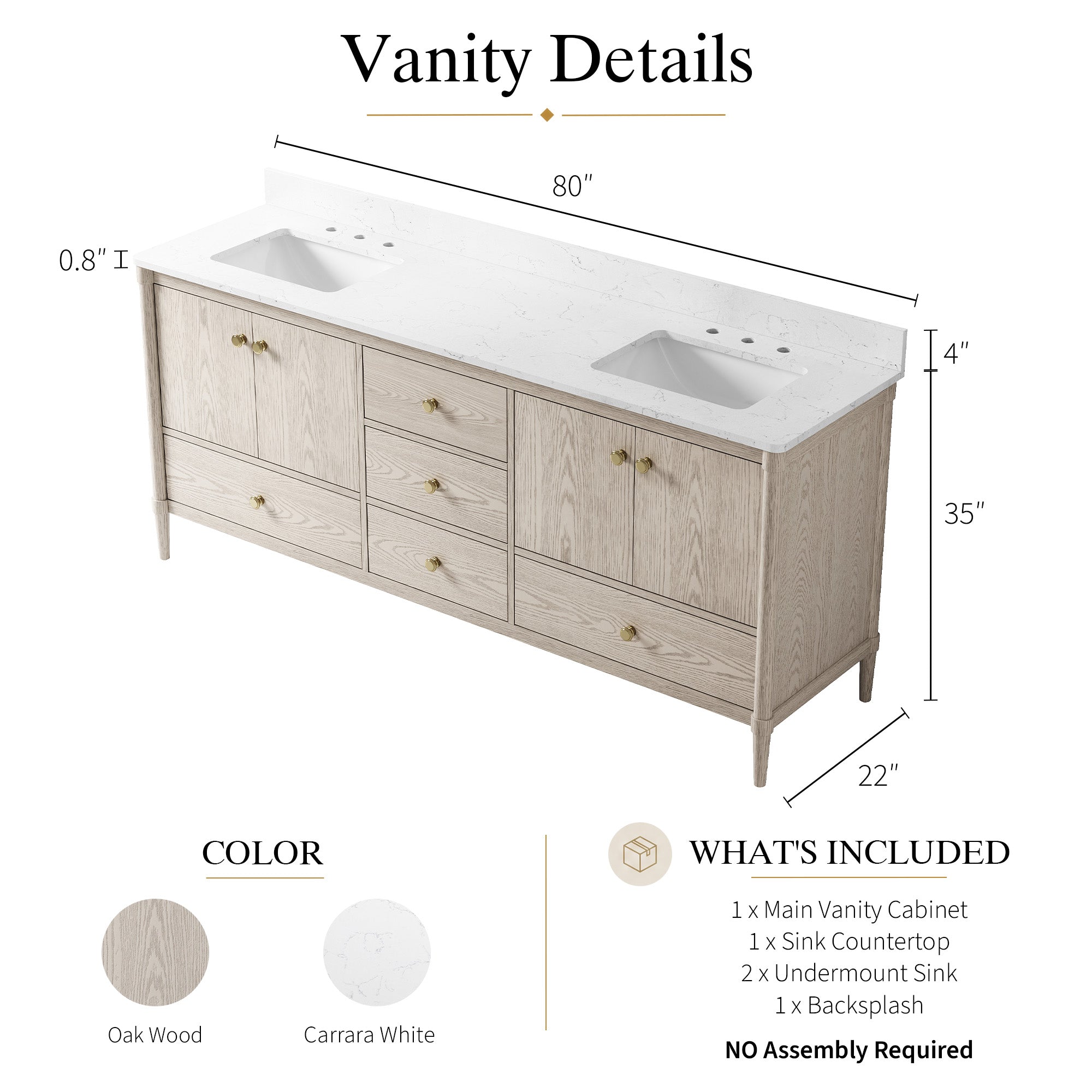 80 Inch Solid Wood Bathroom Vanity with Carrara Quartz Top, 4 Soft-Close Doors & 5 Drawers