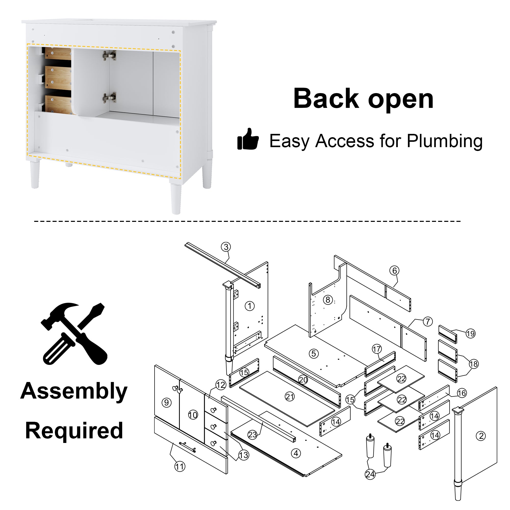 36 inch Solid Wood Freestanding Bathroom Vanity with Single Sink and Soft-Closing Doors, White