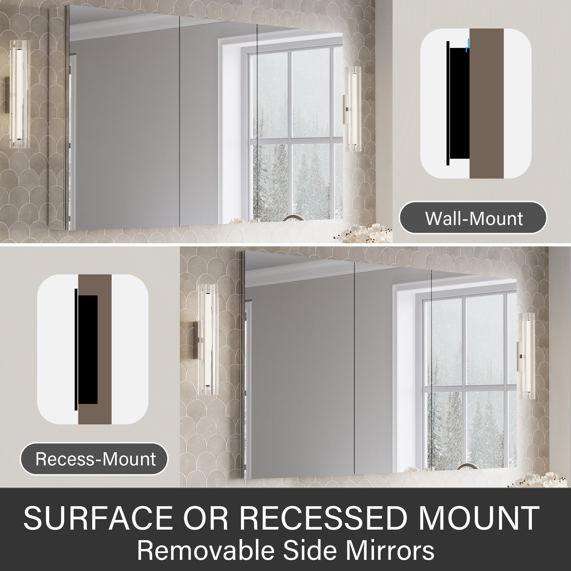 56 in.×32 in.H Copper-Free Mirror Medicine Cabinet with Soft-Close Blum® Hinges and 3 Doors