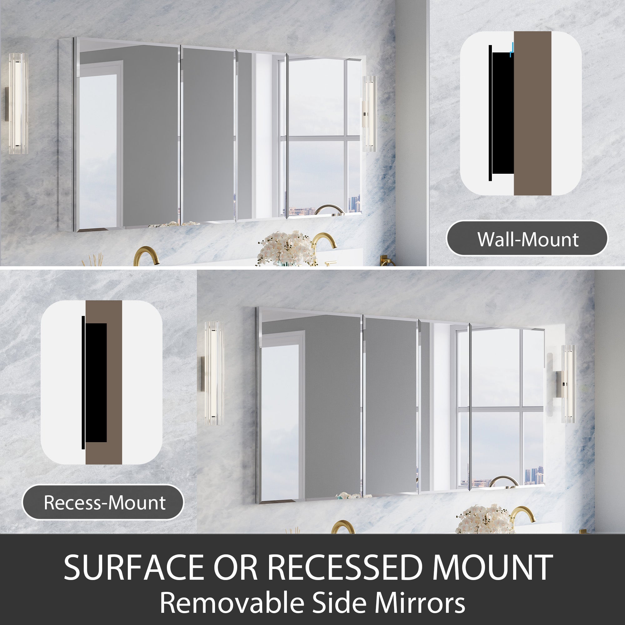64 in.×30 in.H Copper-Free Mirror Medicine Cabinet with Beveled Mirror Door, Recessed or Surface Mount, Adjustable Shelves