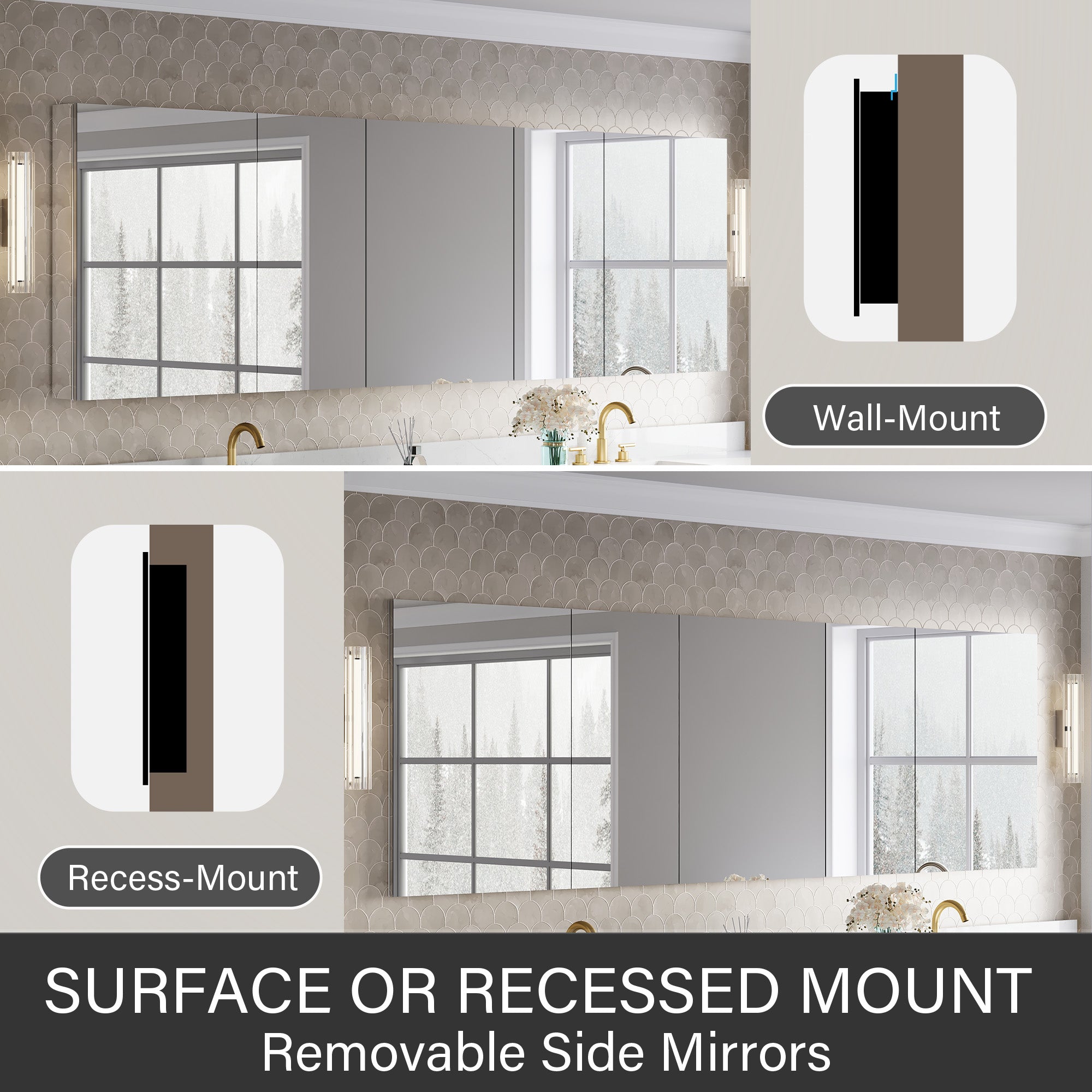 104 in.×32 in.H Copper-Free Mirror Medicine Cabinet with Soft-Close Blum® Hinges and 5 Doors