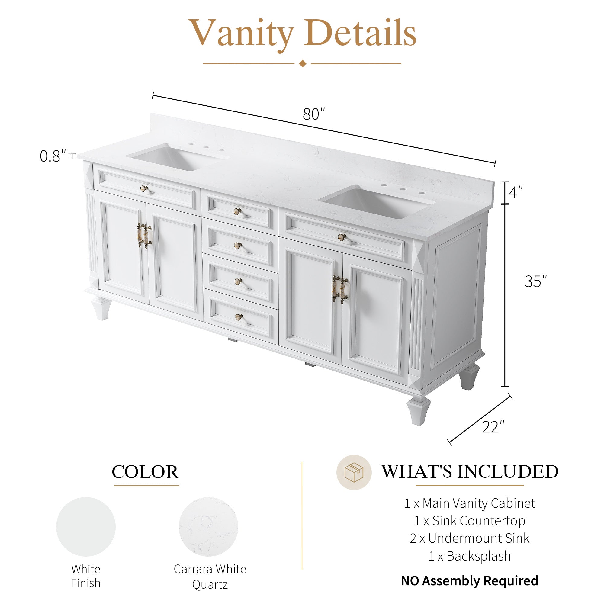 80 in. Freestanding Solid Wood Bathroom Vanity with Carrara White Quartz Countertop, White