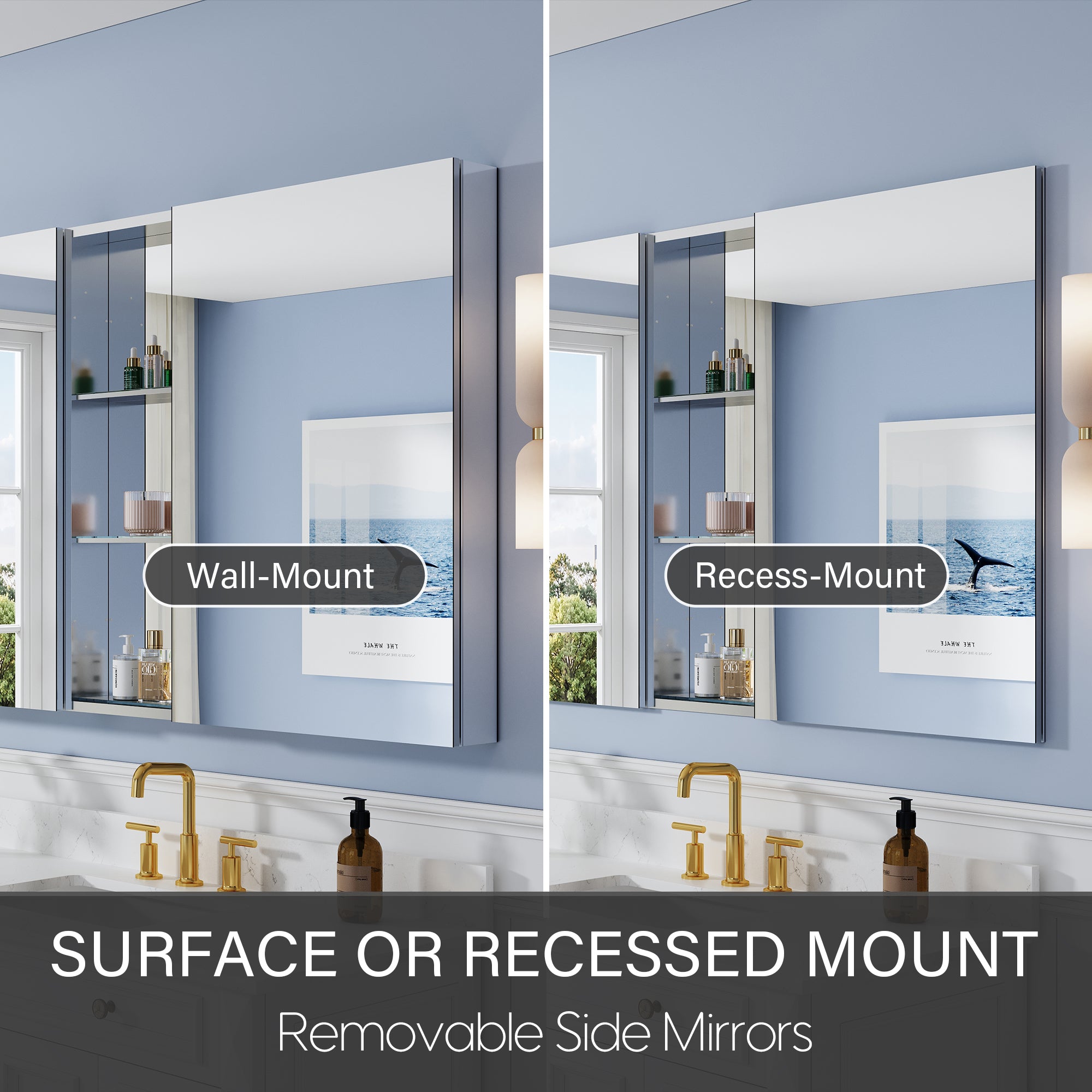 96 in. ×36 in. Aluminum Bathroom Medicine Cabinet and Open Shelf Set, Recessed or Surface Mount