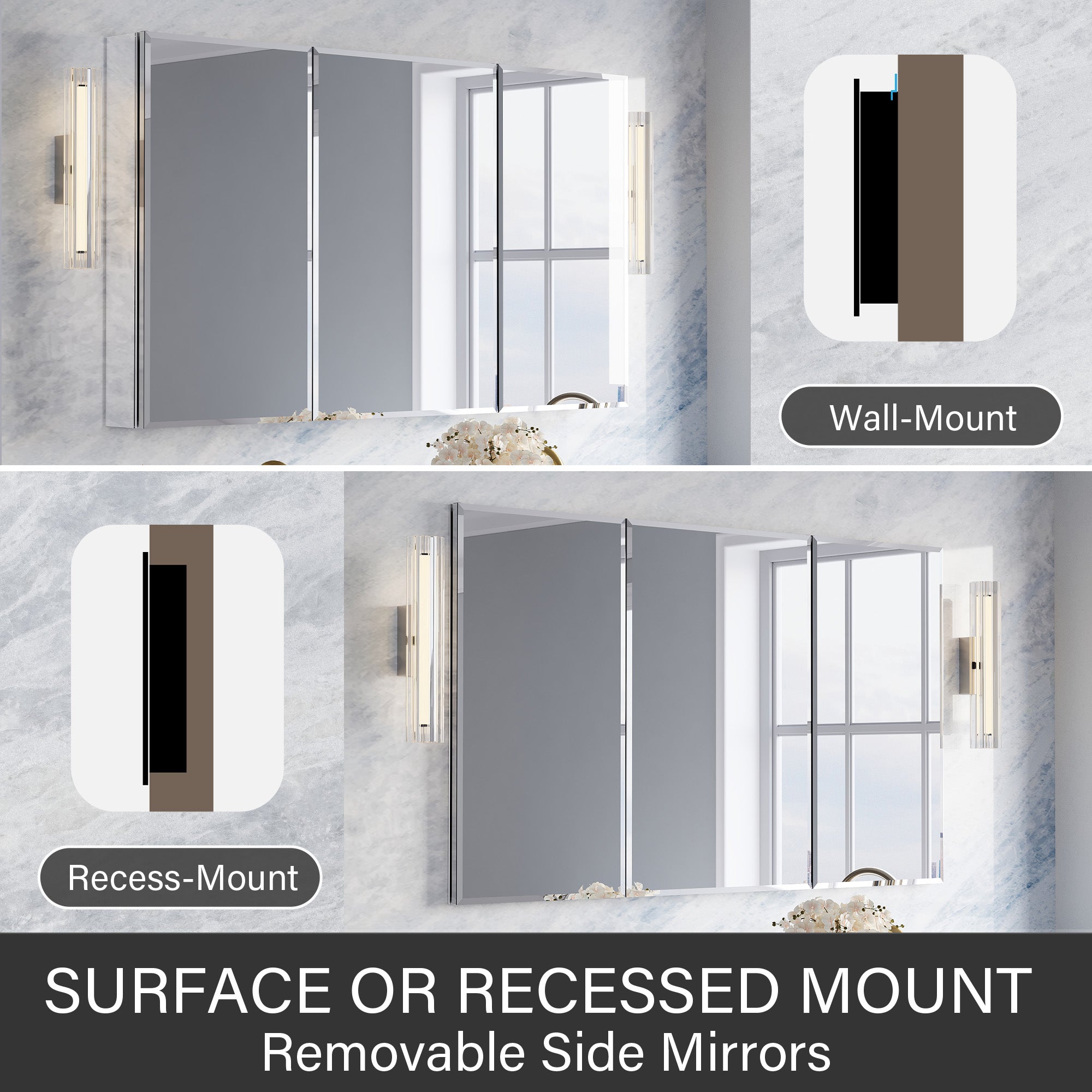 52 in.×30 in.H Aluminum Copper-Free Mirror Medicine Cabinet with Beveled Mirror Door, Recessed or Surface Mount, Adjustable Shelves