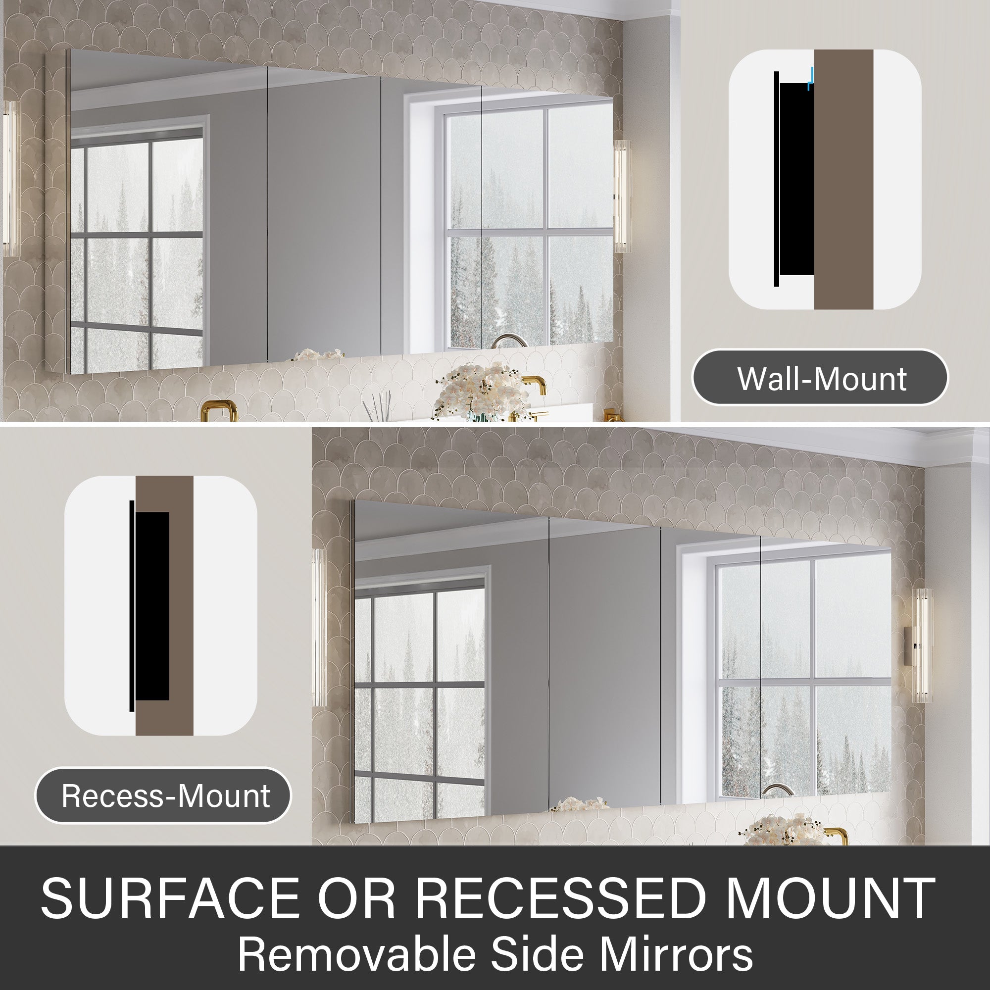 80 in.×32 in.H Copper-Free Mirror Medicine Cabinet with Soft-Close Blum® Hinges and 4 Doors