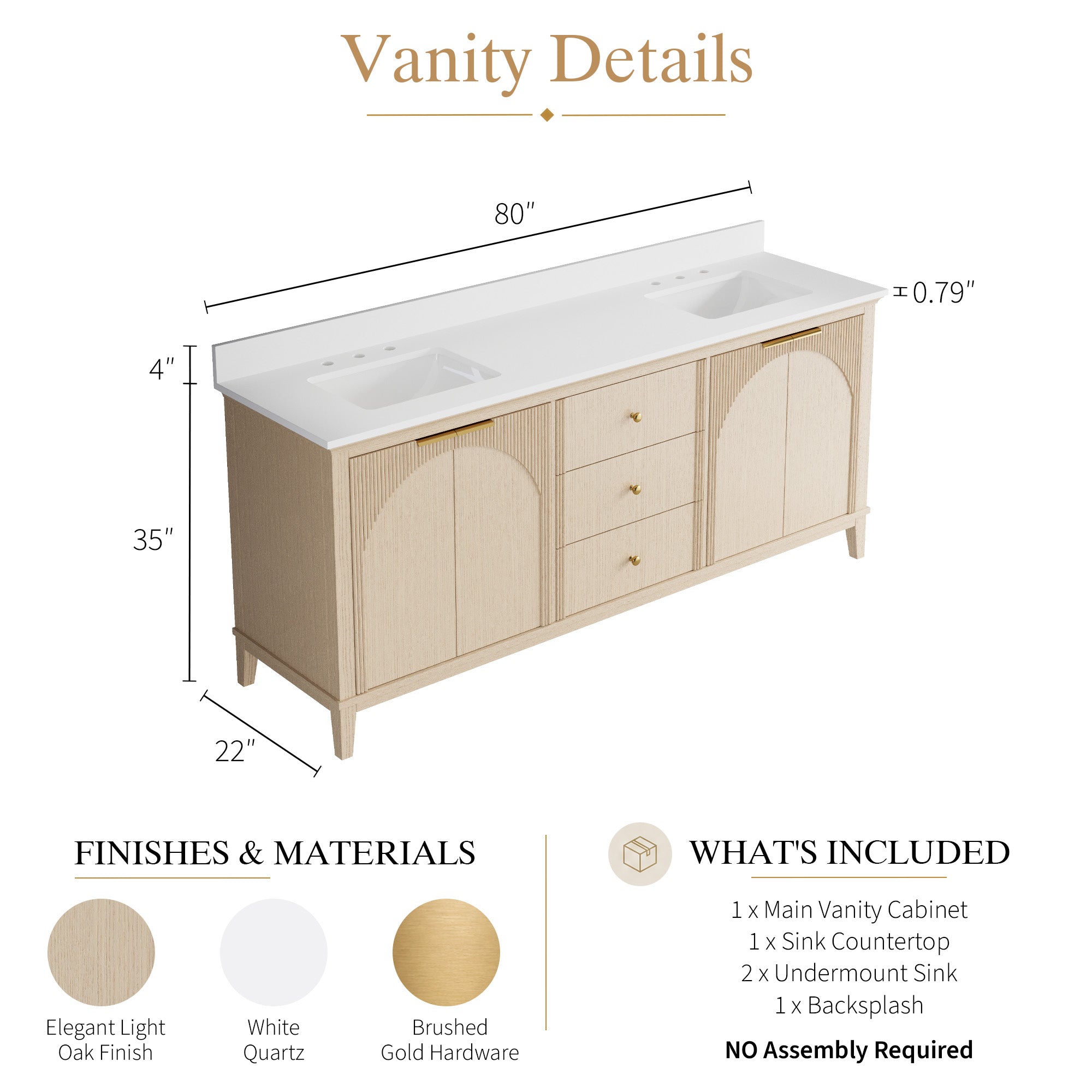 80 Inch Modern Light Oak Solid Wood Bathroom Vanity with White Quartz Countertop & 3 Soft-Close Drawers