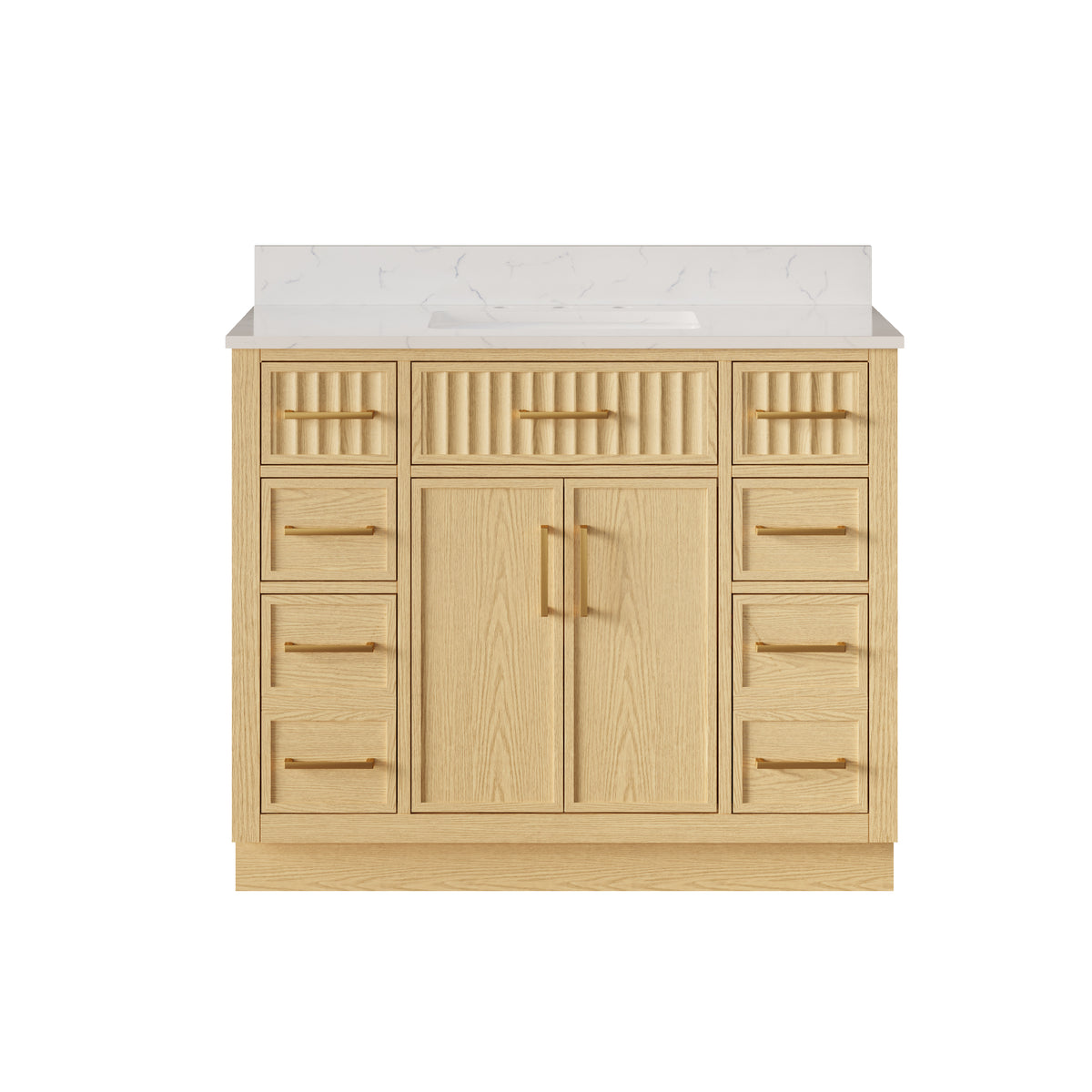 42 Inch Solid Wood and Plywood Bathroom Vanity with Carrara White Quartz Top, 2 Soft-Close Doors & 7 Drawers, OAK