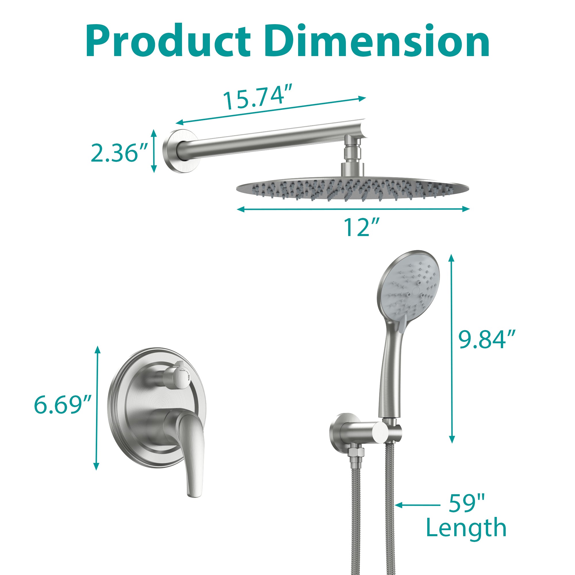 9inch/ 10inch/ 12inch 2-Spray Patterns with 1.8 GPM Wall Mount Dual Shower Heads with Hand Shower