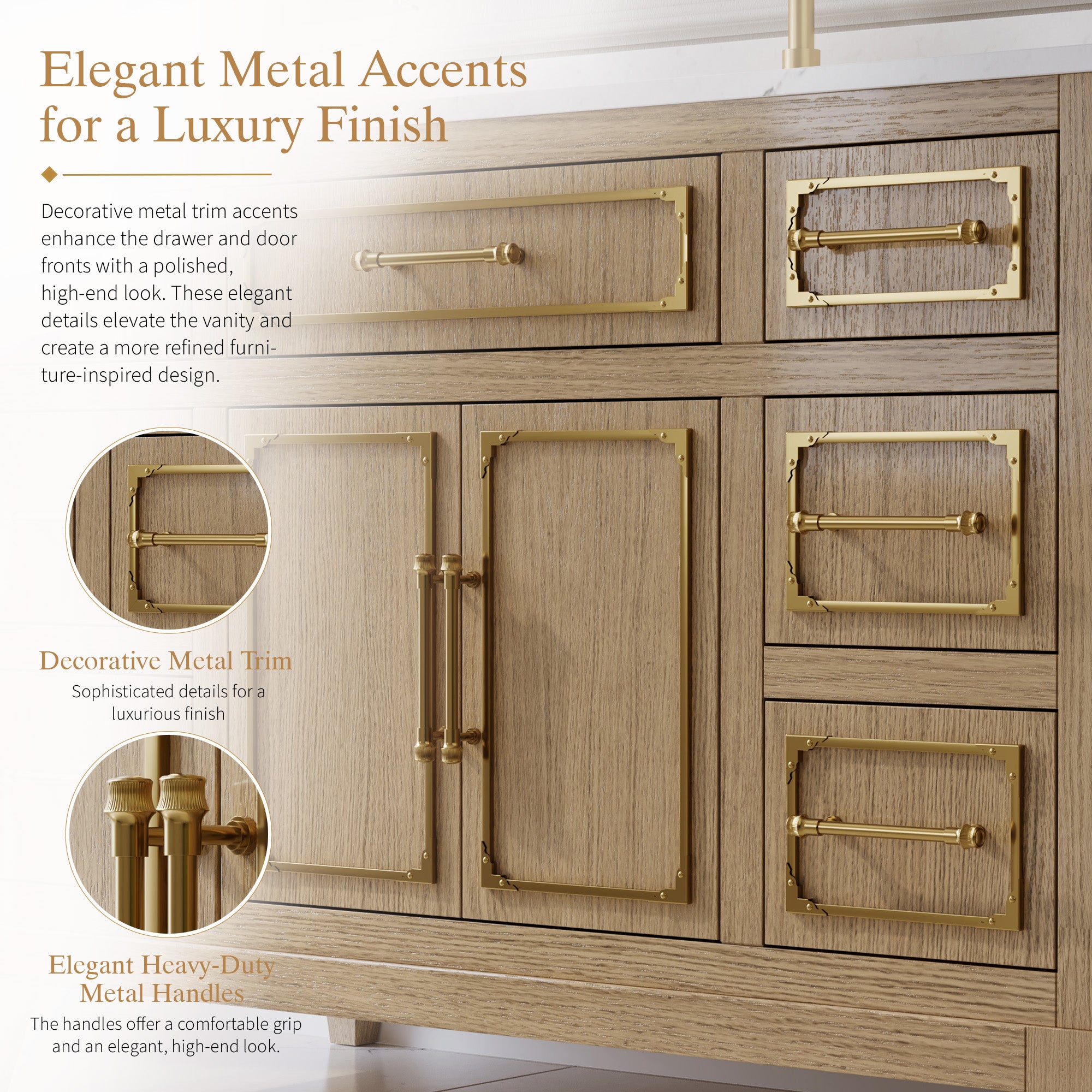 48 Inch Luxury Solid Oak Bathroom Vanity with Calacatta Quartz Countertop & Sink, 6 Soft-Close Drawers and 1 Flip Drawer