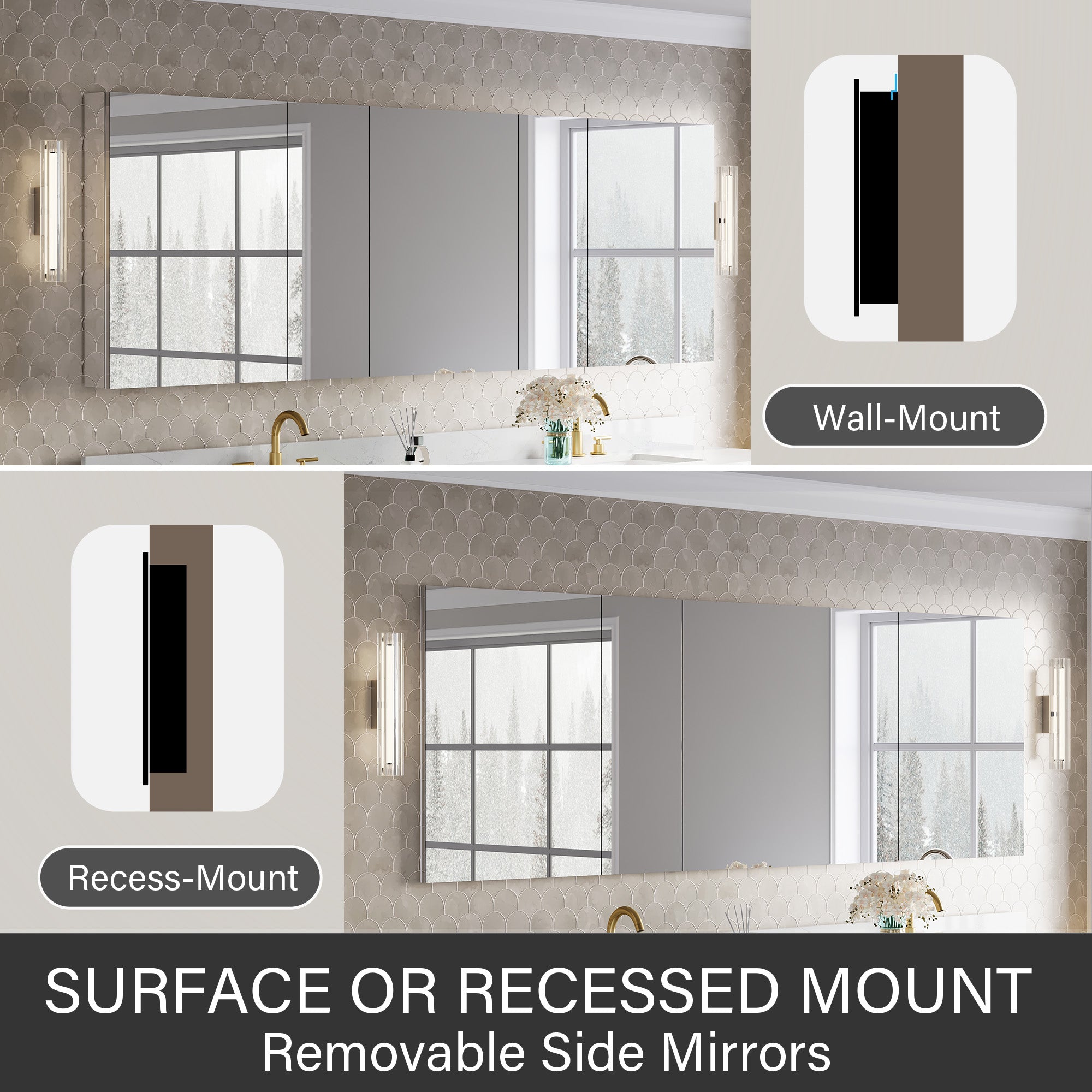 96 in.×32 in.H Copper-Free Mirror Medicine Cabinet with Soft-Close Blum® Hinges and 5 Doors