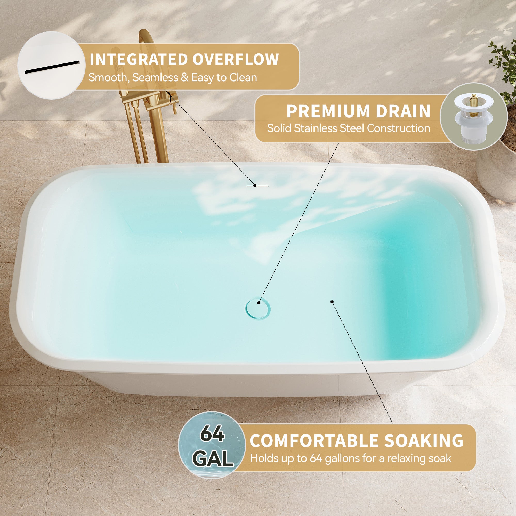 59" Modern Freestanding Acrylic Soaking Bathtub – 64 Gallon Deep Soaker Tub with Integrated Overflow