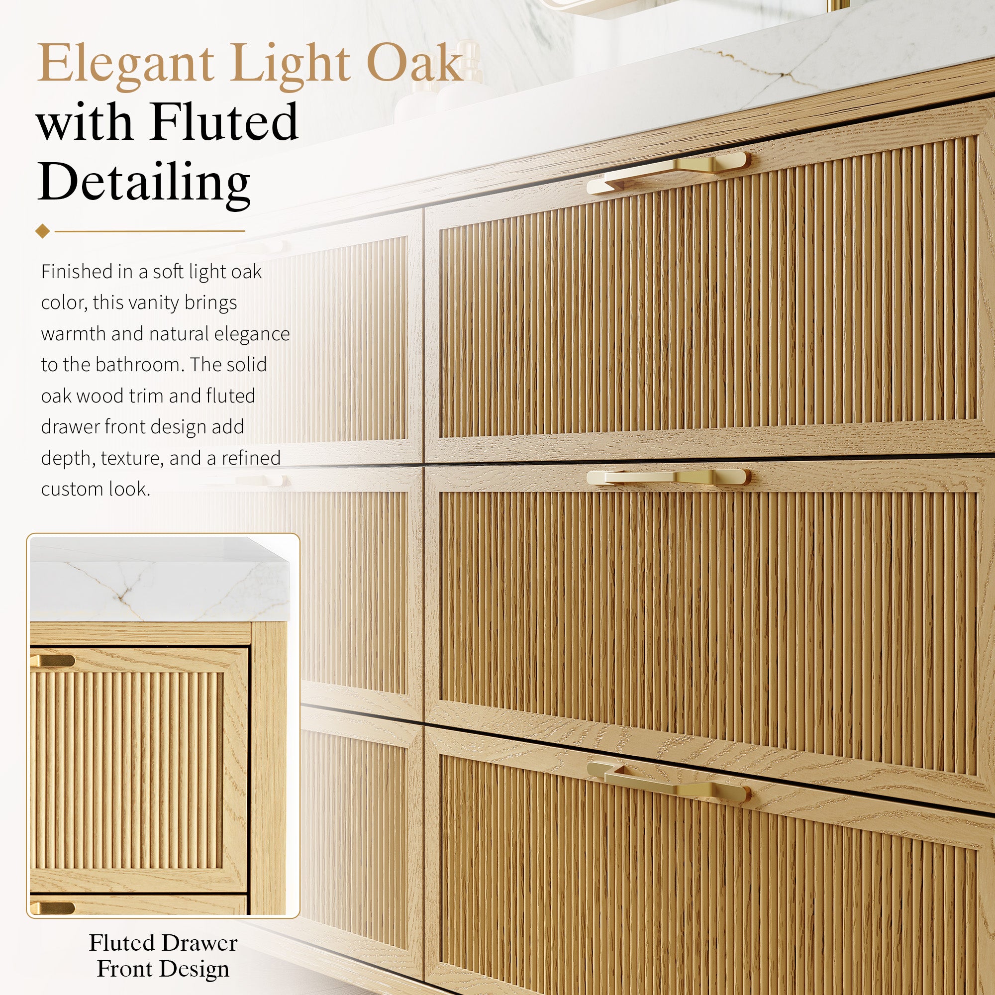 48 Inch Modern Solid Oak Bathroom Vanity with Calacatta Quartz Countertop, 6 Fluted Drawers & Brushed Gold Legs