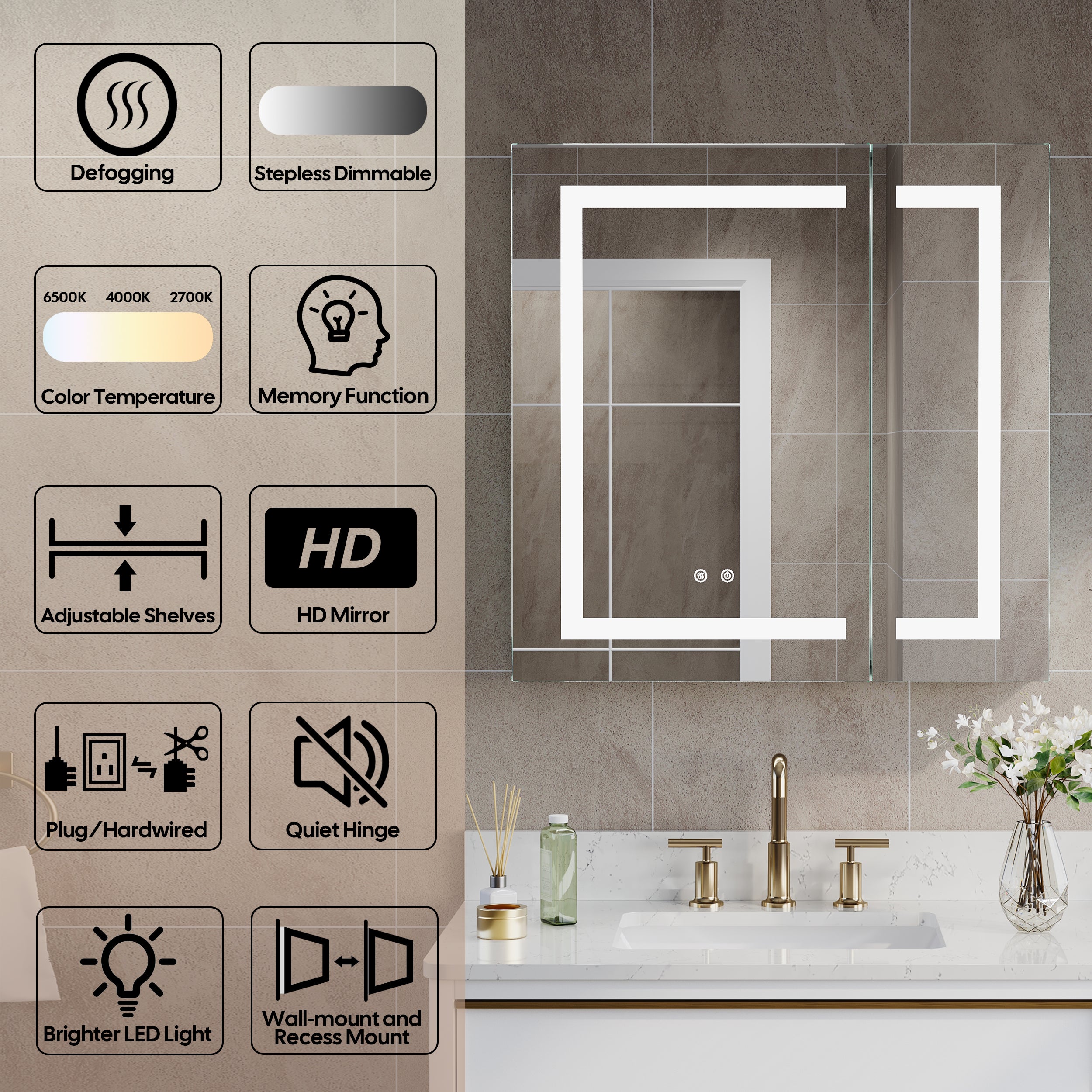 30 in. x 30 in. Lighted LED Surface/Recessed Mount Mirror Rectangle Bathroom Medicine Cabinet with Outlet