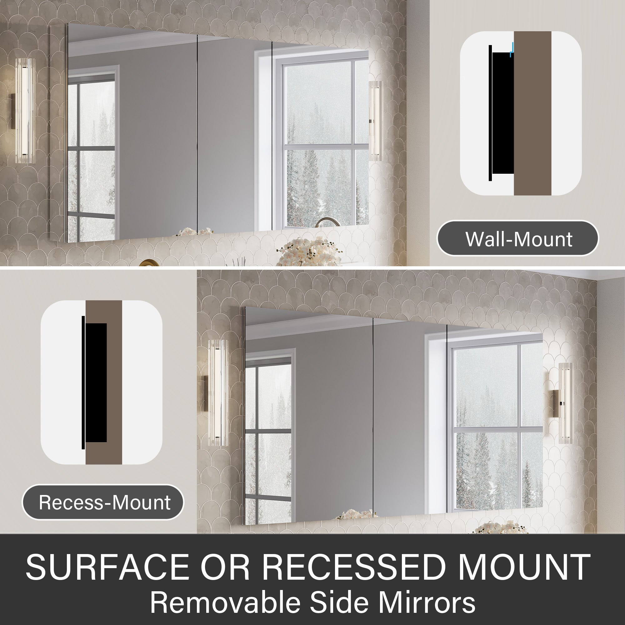64 in.×32 in.H Aluminum Copper-Free Mirror Medicine Cabinet with Soft-Close Blum® Hinges and Recessed/Surface Mount